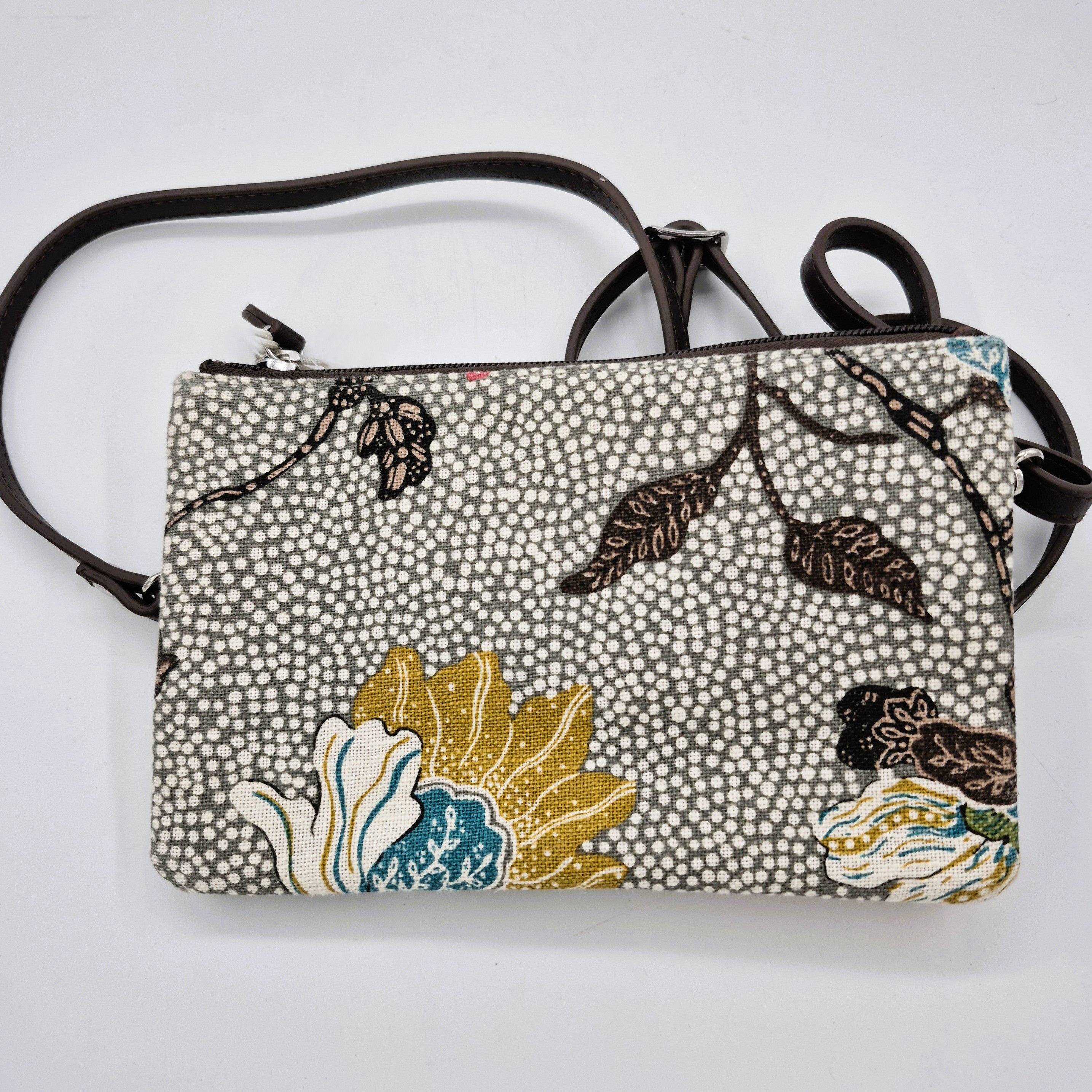 Flower Linen two pocket bag by Ceannis, grey floral linen with leather card holder and strap