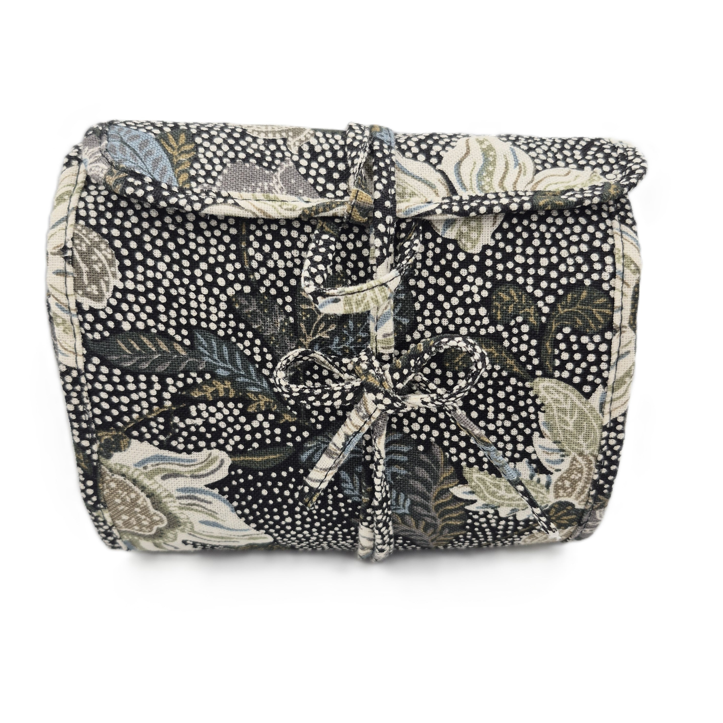 Black Flower Linen hanging cosmetic bag by Ceannis, travel organiser