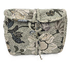 Green Flower Linen hanging wash bag by Ceannis, leather zip tags