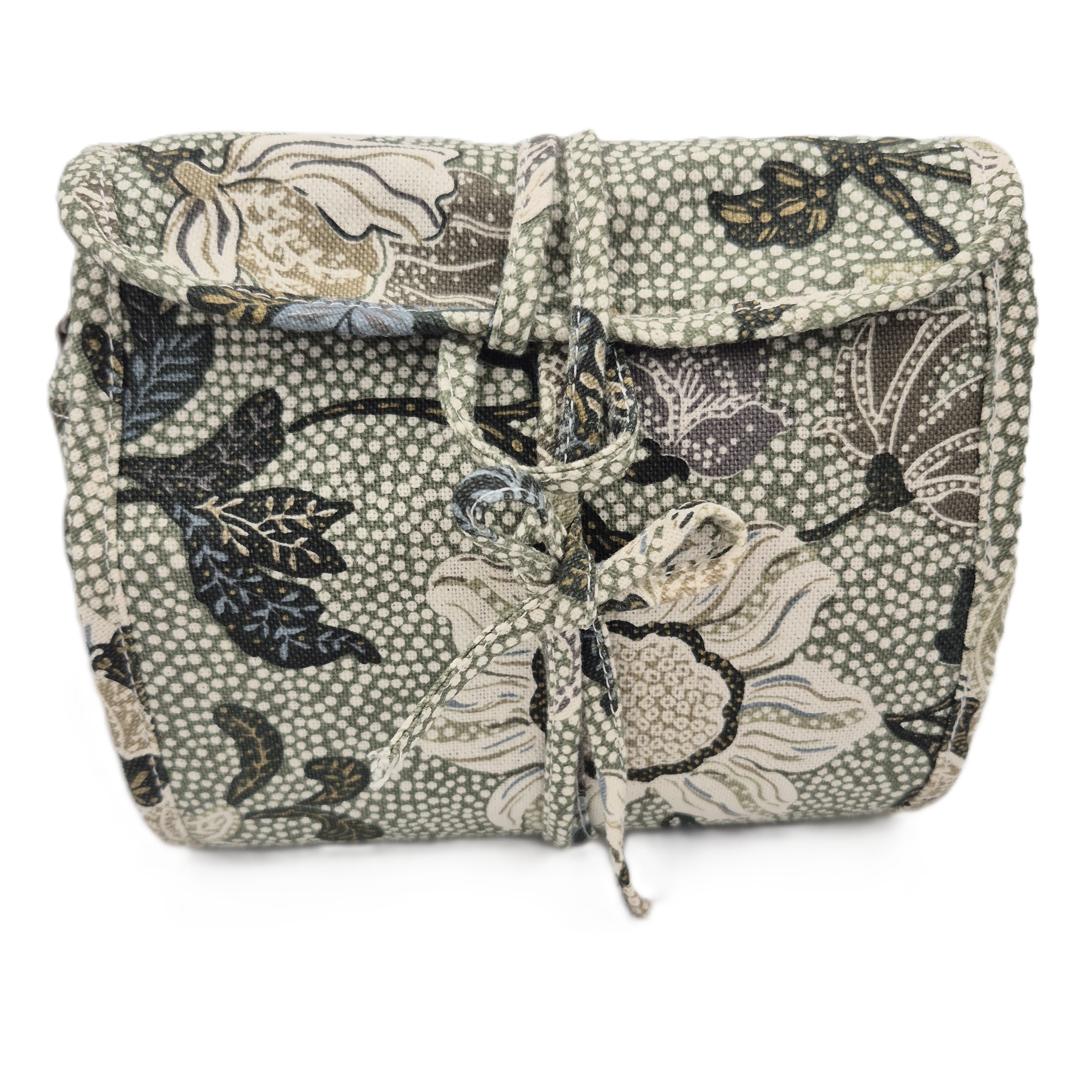 Green Flower Linen hanging wash bag by Ceannis, leather zip tags