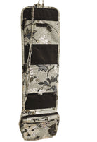 Green Flower Linen hanging cosmetic bag by Ceannis, shown hanging