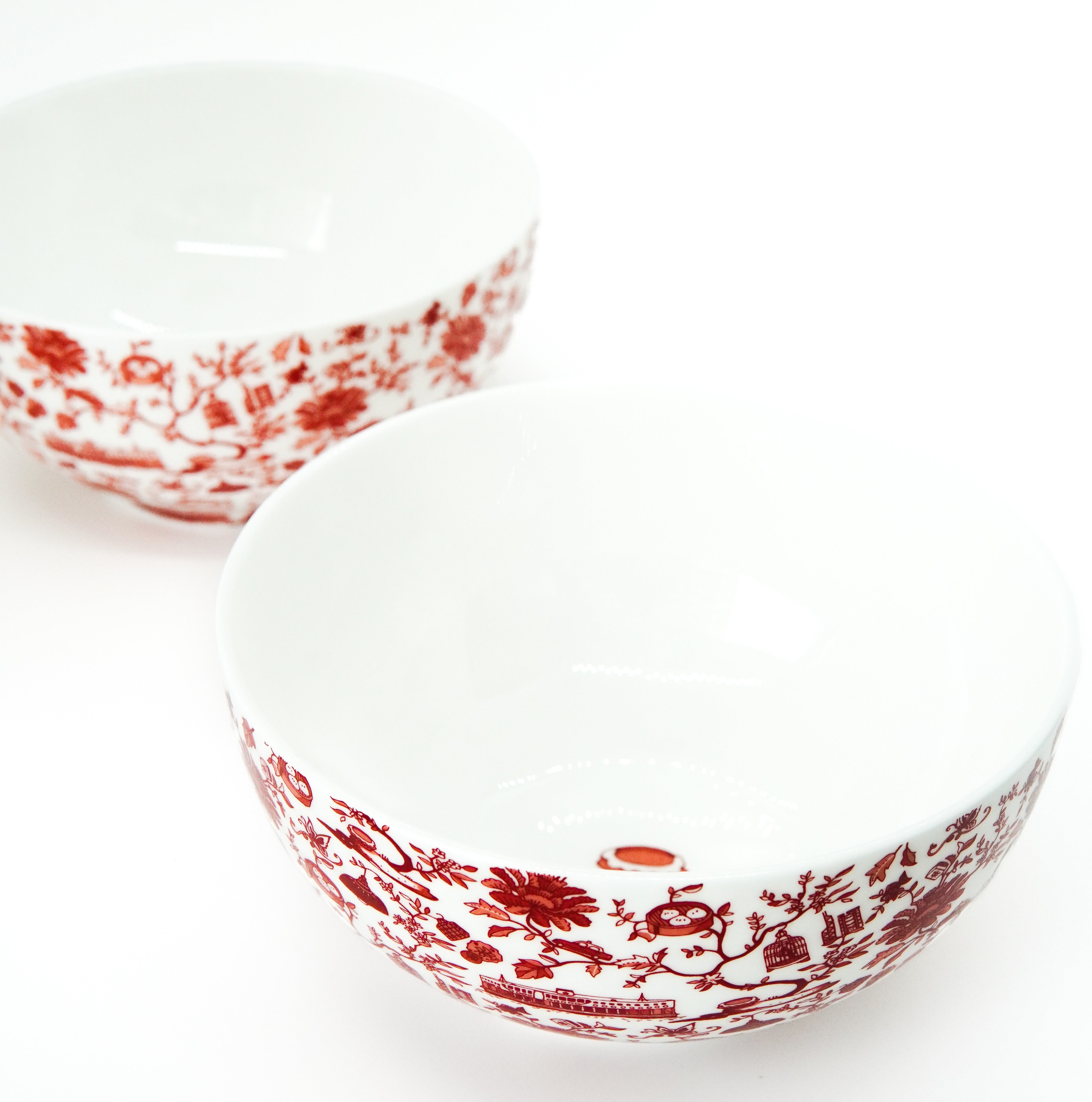 Icon noodle bowl, red HK Toile outside, white interior with a Hong Kong icon, bone china, 14.5cm