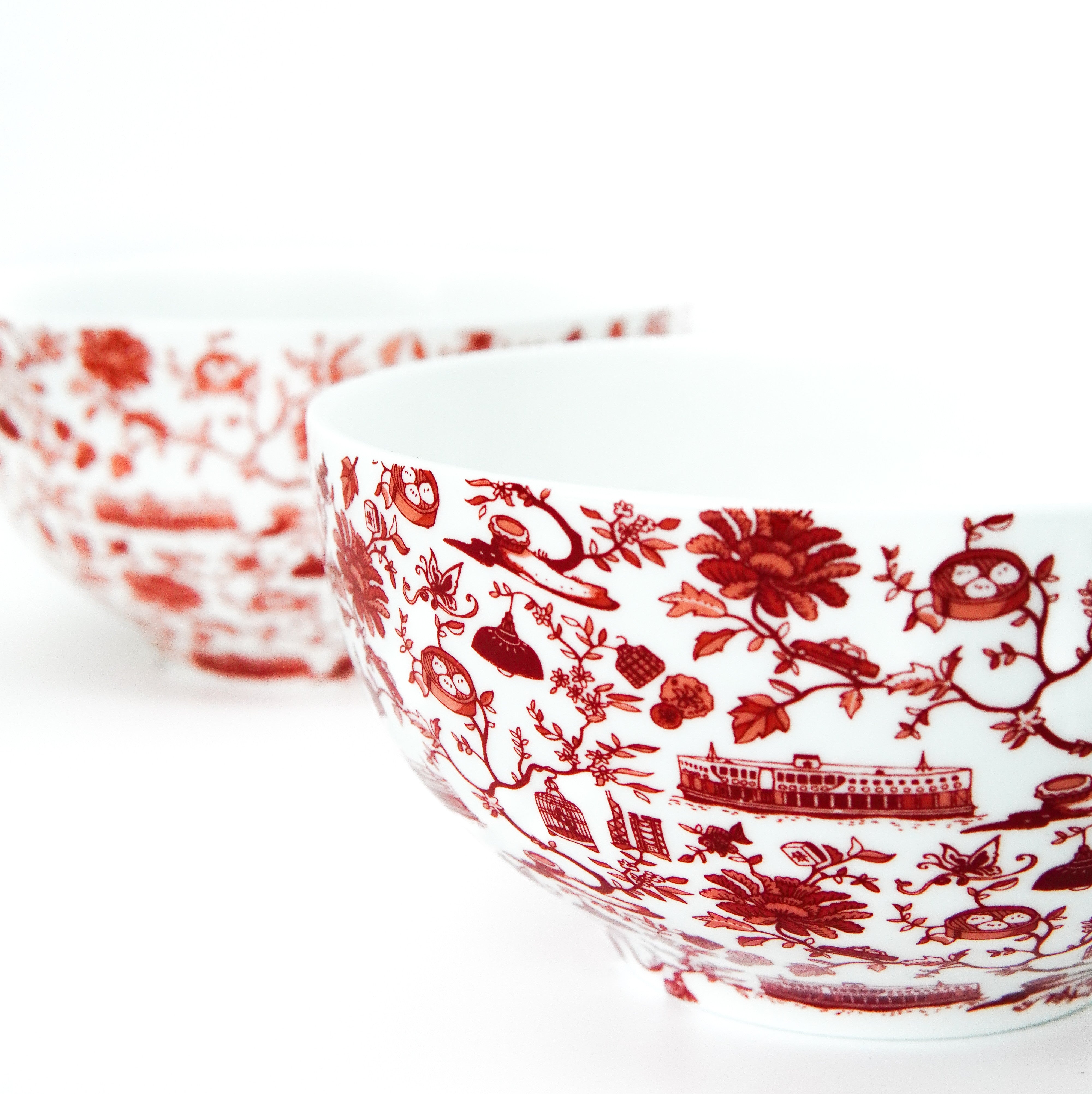 Icon noodle bowls in red HK Toile with white interior and Hong Kong motif, set of two, bone china, 14.5cm