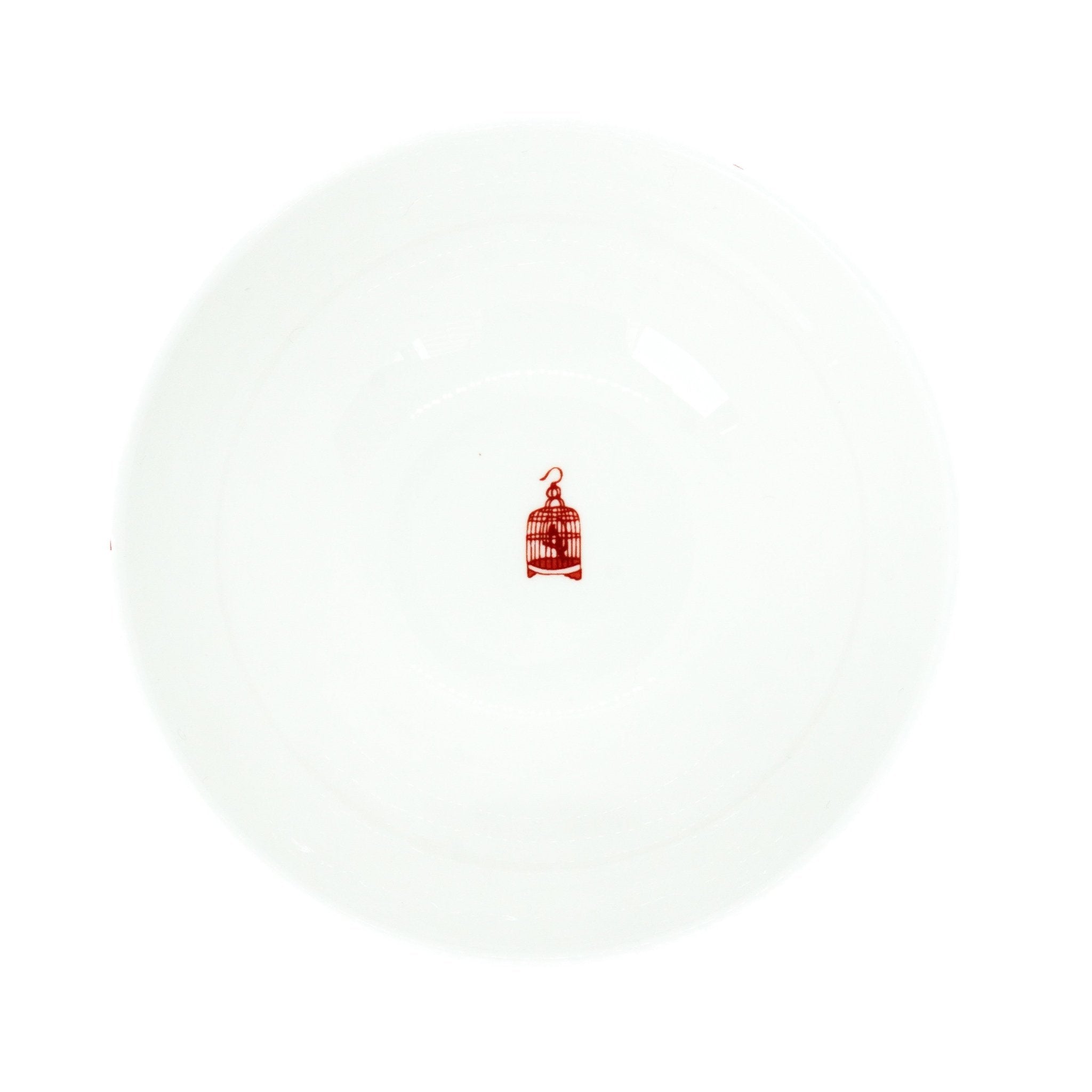 Icon noodle bowl with birdcage motif inside, red HK Toile exterior, bone china, 14.5cm