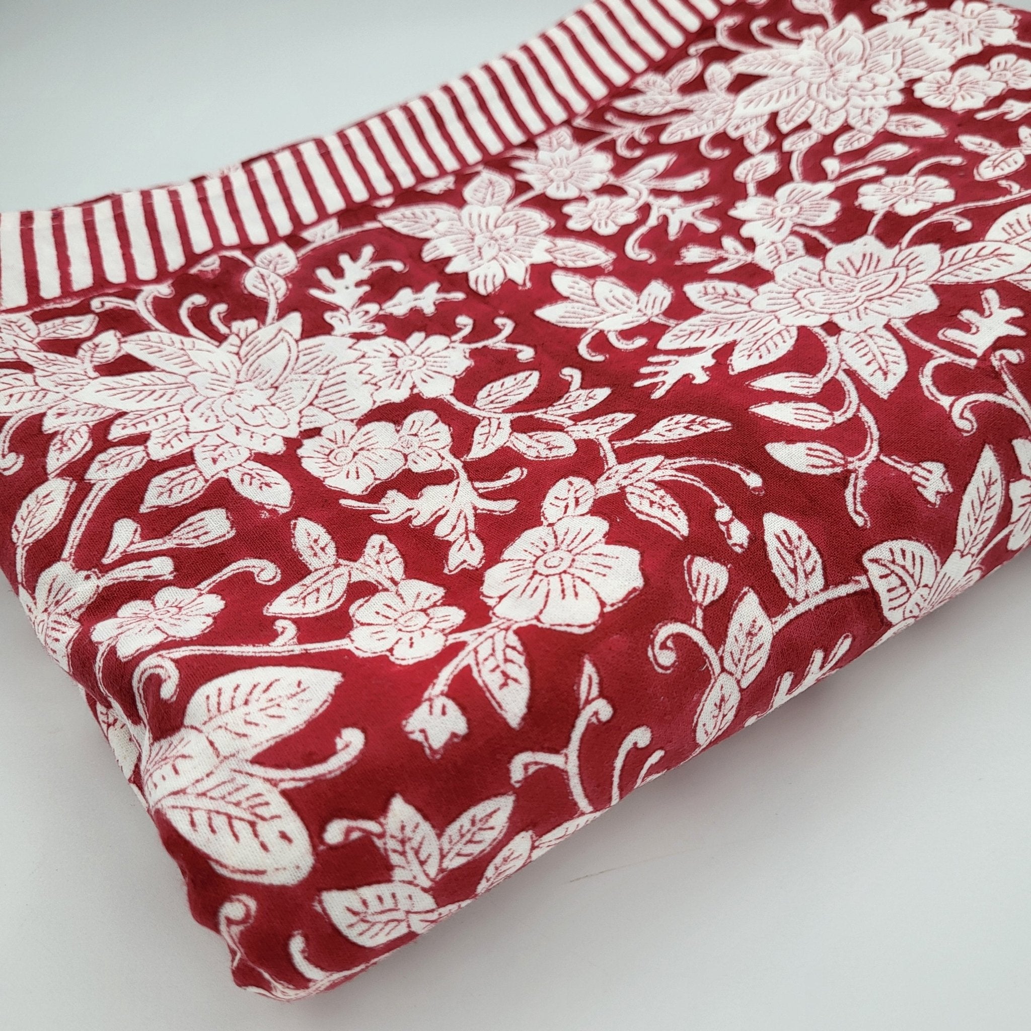 Red floral block-print cotton tablecloth set for a celebration