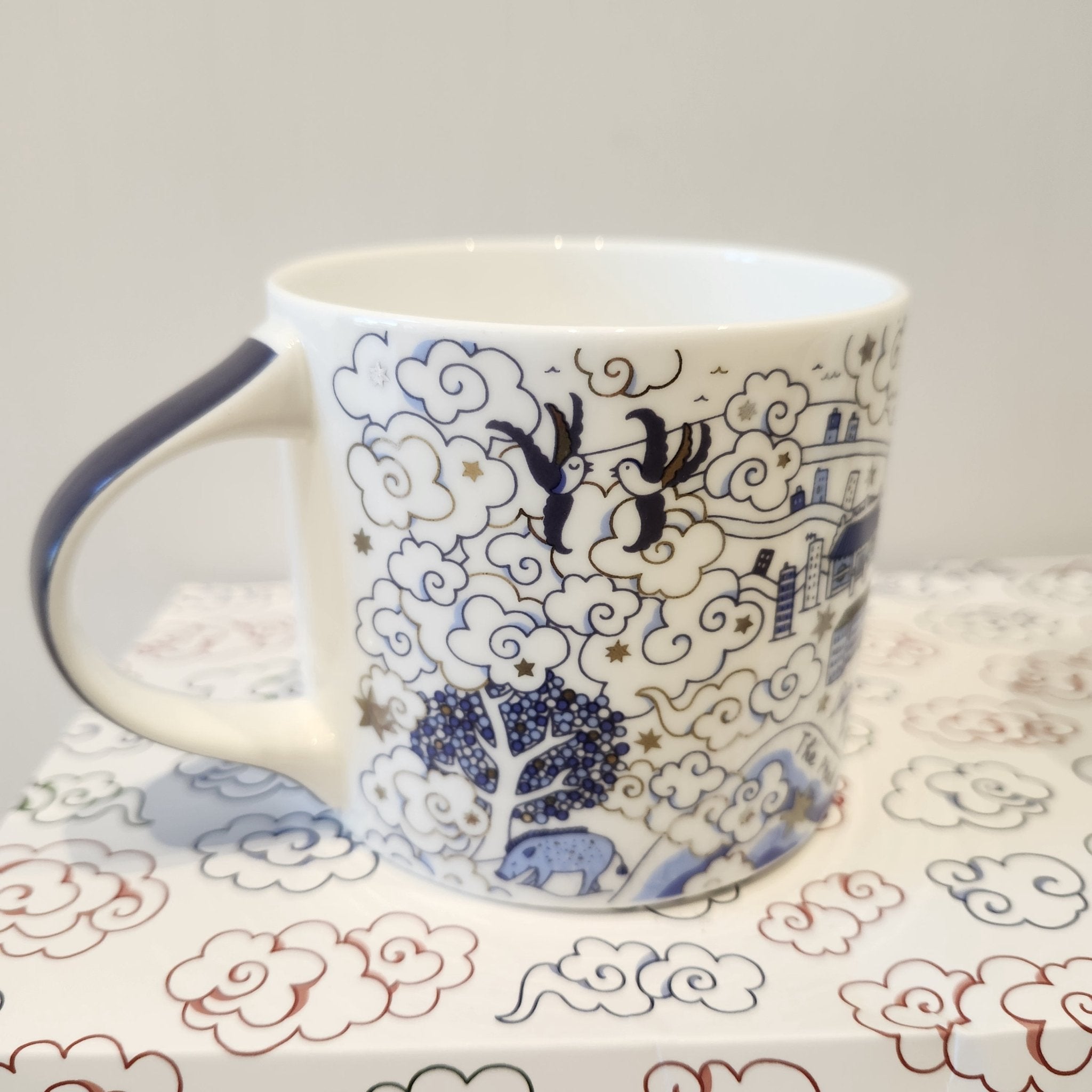 Willow pattern festive mug in blue and silver, fine bone china, Hong Kong design