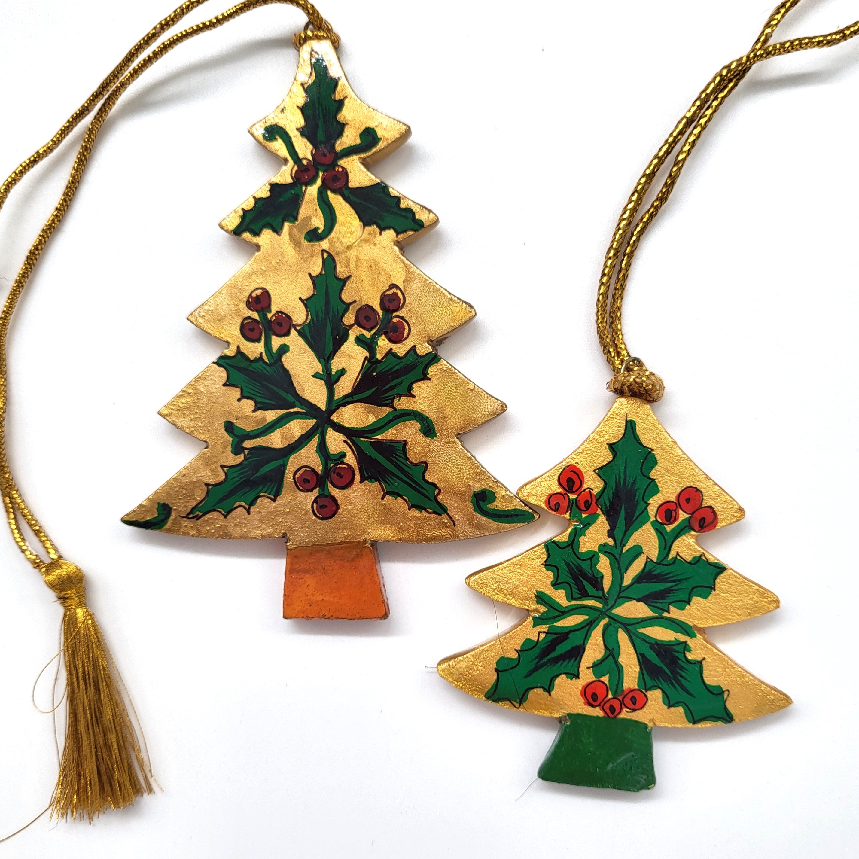 Flat papier mache Christmas tree, hand-painted holly design in gold