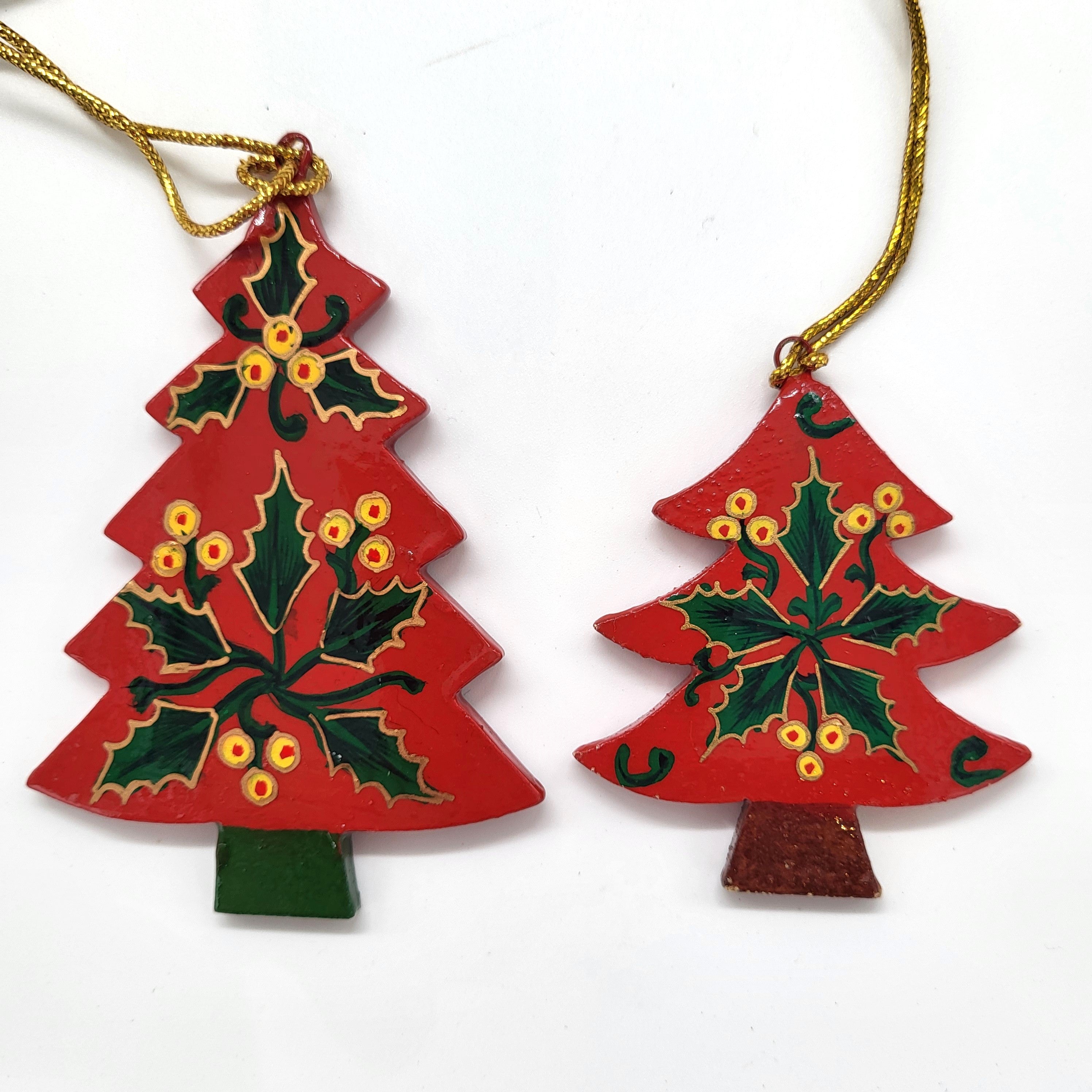 Flat papier mache Christmas tree, hand-painted holly design in red