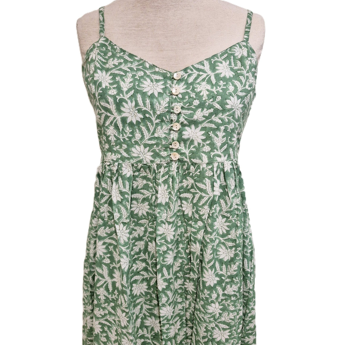 Block print cotton sundress in the Floria design, size small, with adjustable straps and a calf length skirt