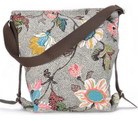 Flower Linen shoulder bag by Ceannis, grey floral cotton and linen with leather trim