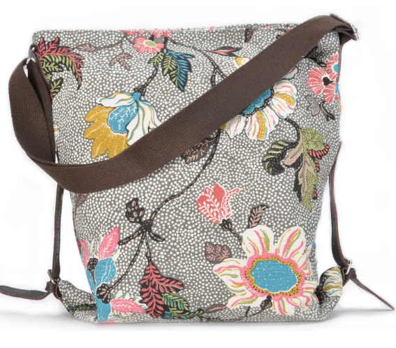 Flower Linen shoulder bag by Ceannis, grey floral cotton and linen with leather trim