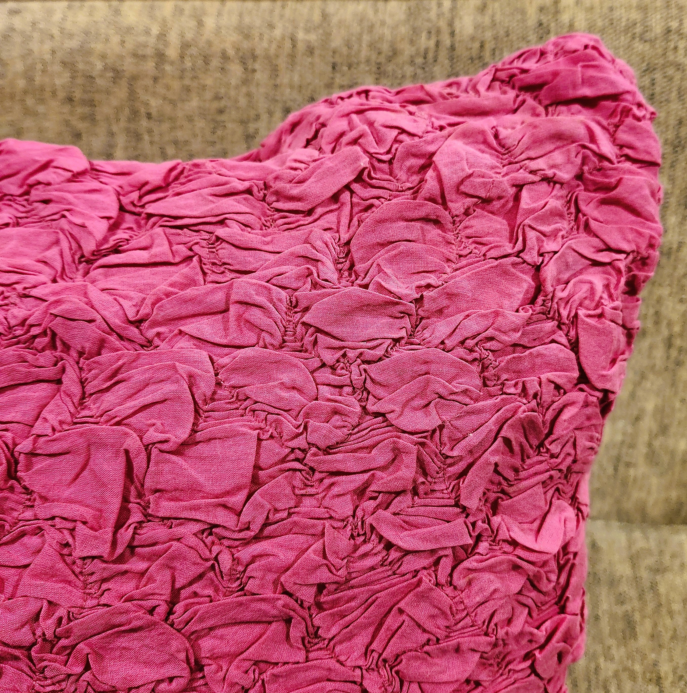 Hot pink fuchsia cotton cushion cover, 60 x 60 cm, showing the ruffled-effect finish, Shades of India