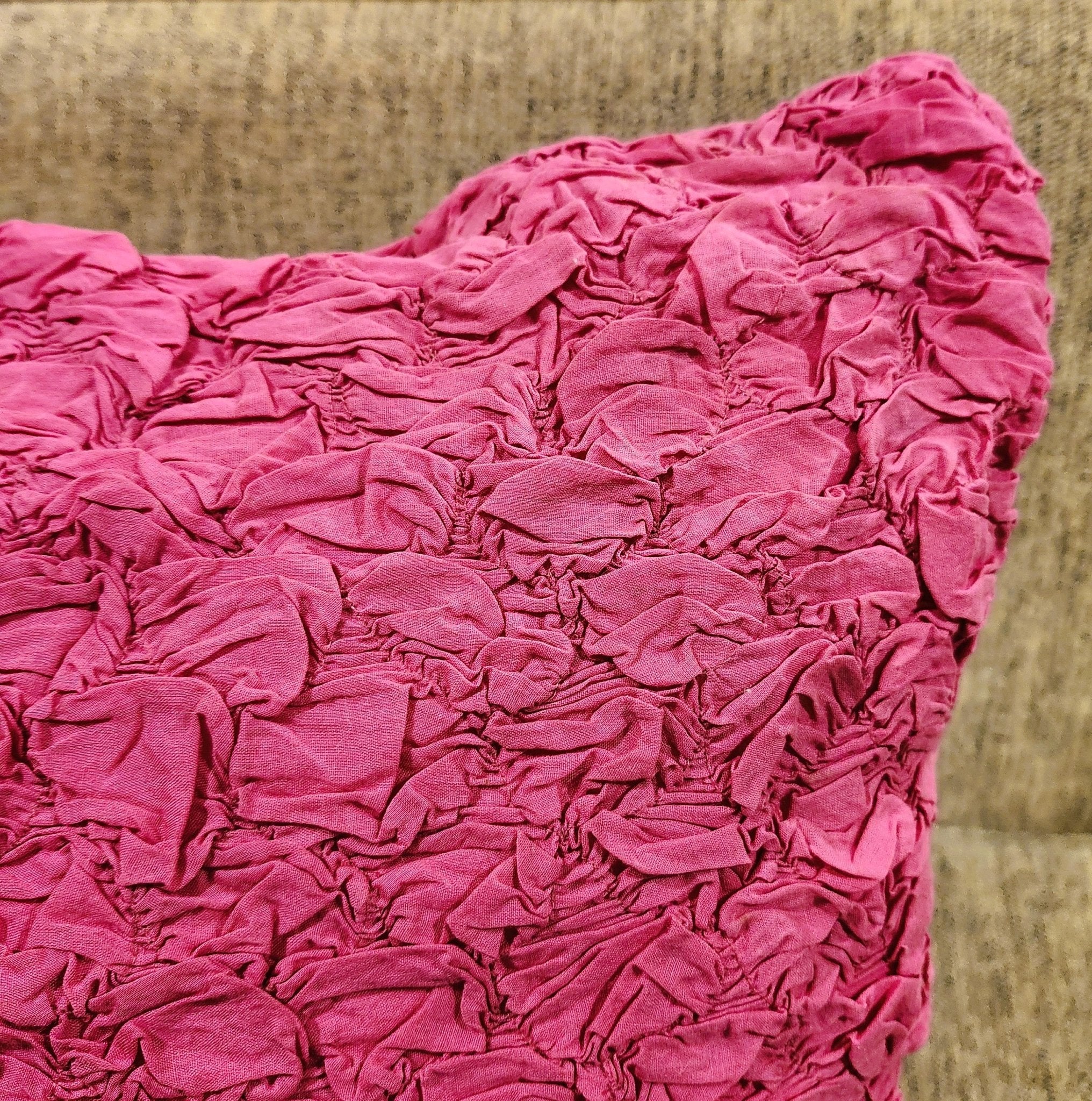 Hot pink fuchsia cotton cushion cover, 60 x 60 cm, showing the ruffled-effect finish, Shades of India