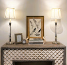 Vintage teak console table in dove grey with white trellis woodwork, 139 x 44cm
