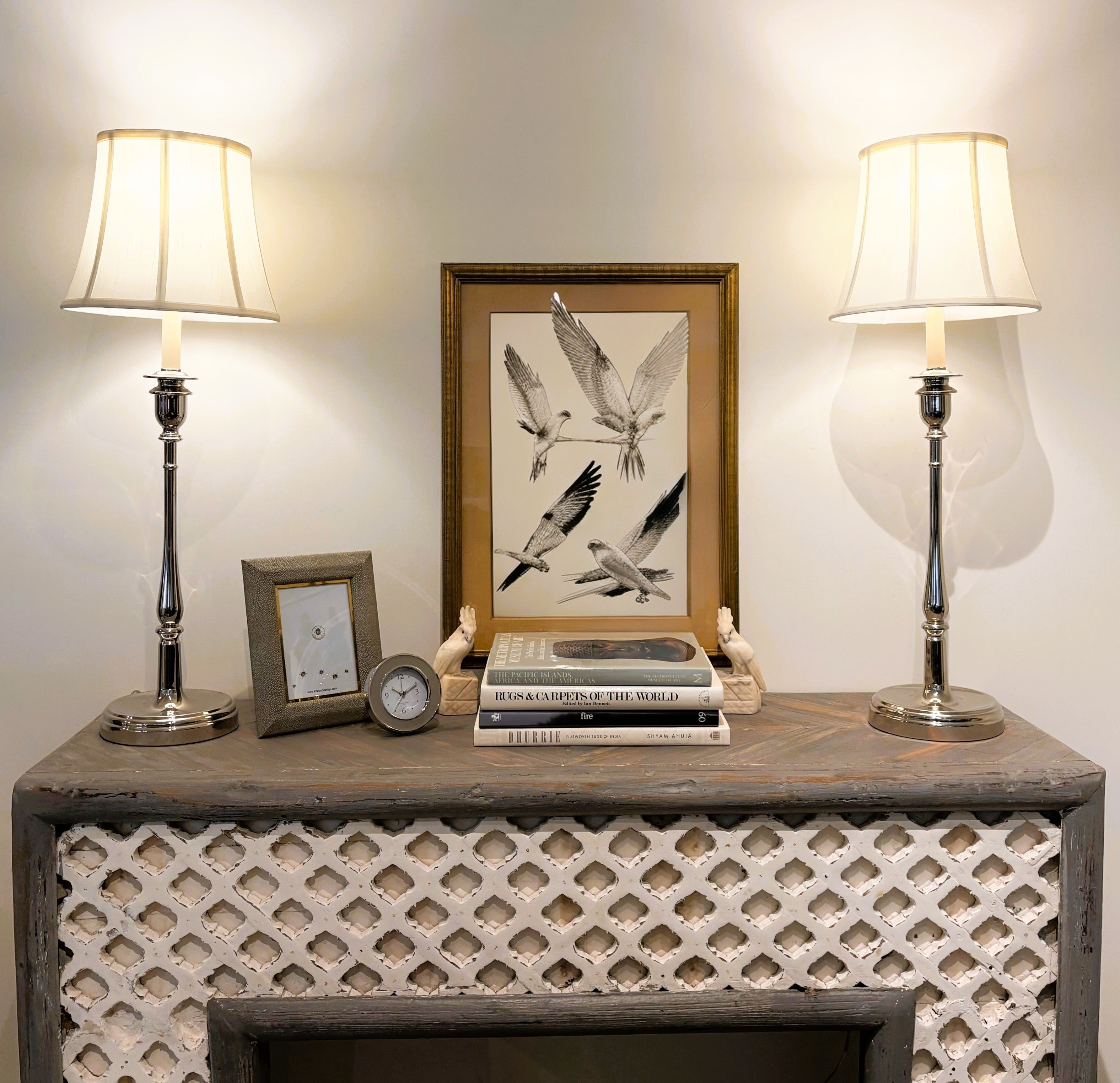 Vintage teak console table in dove grey with white trellis woodwork, 139 x 44cm