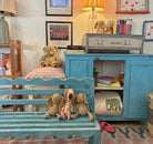Small turquoise teak bench, child-sized with painted finish