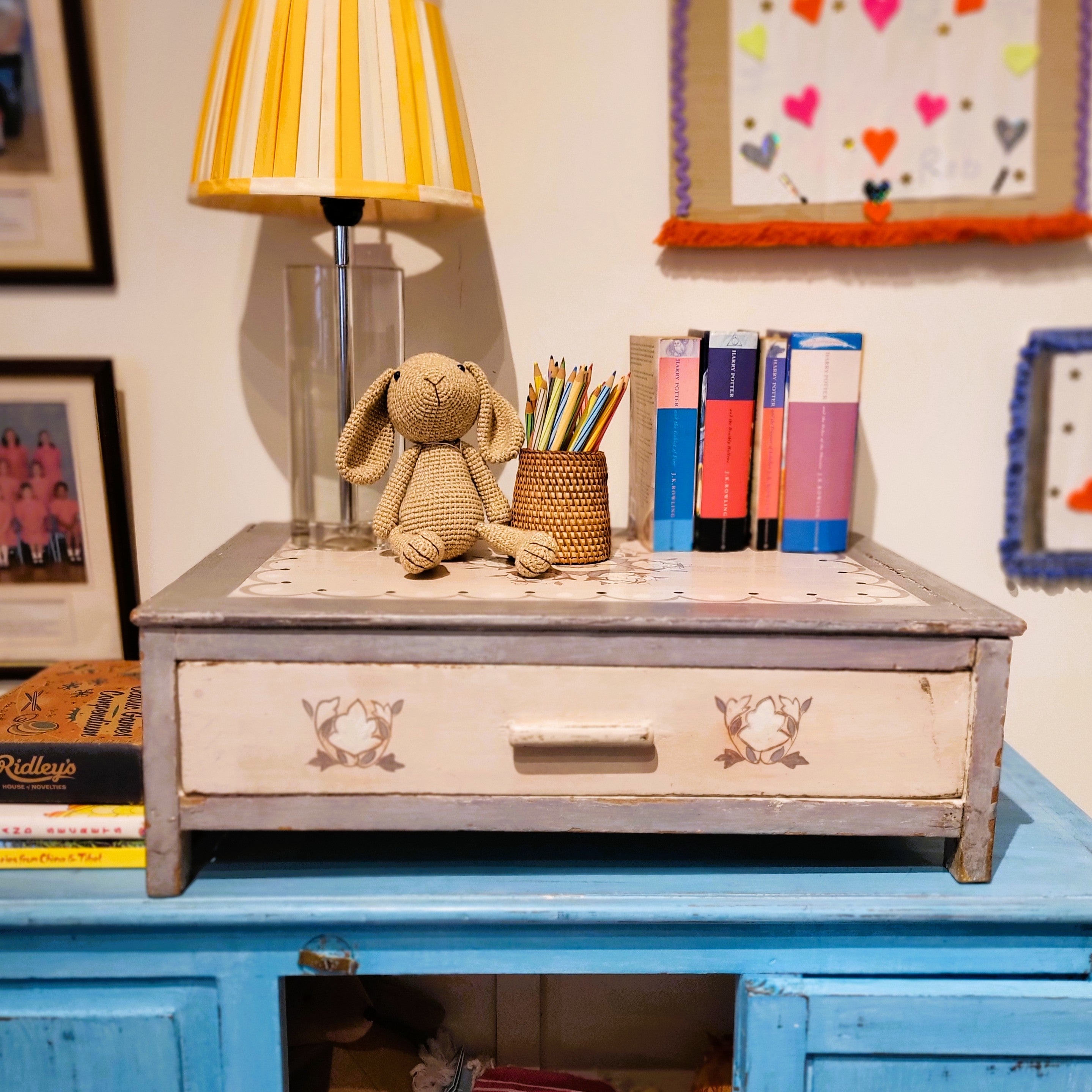 Vintage teak drawer unit handpainted in grey and rose, 63 x 40cm