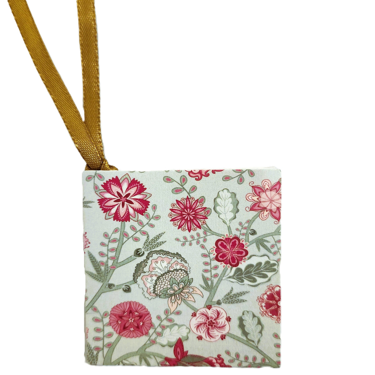 Printed card gift tag in a floral design, 7.5cm square, supplied with a gold ribbon tie for wrapping.