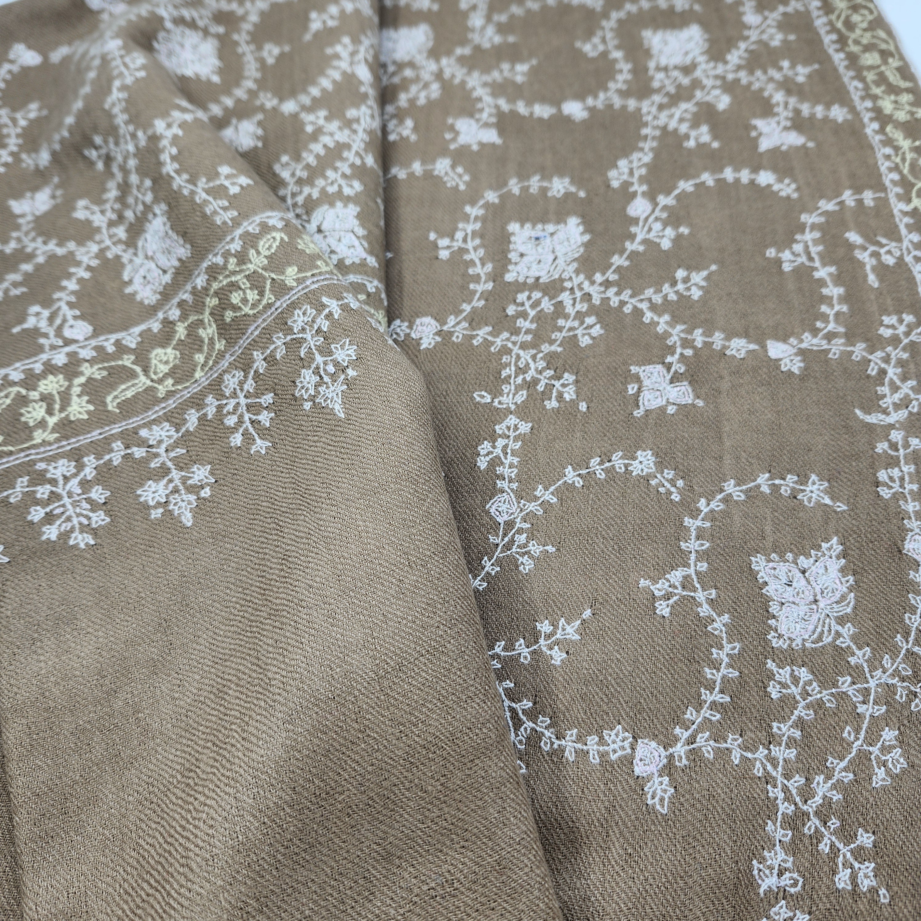 Natural pashmina with pale floral hand embroidery, finest quality, detail view
