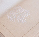 Hand embroidered linen napkins, white floral corner on beige, set of six, 45 x 45 cm