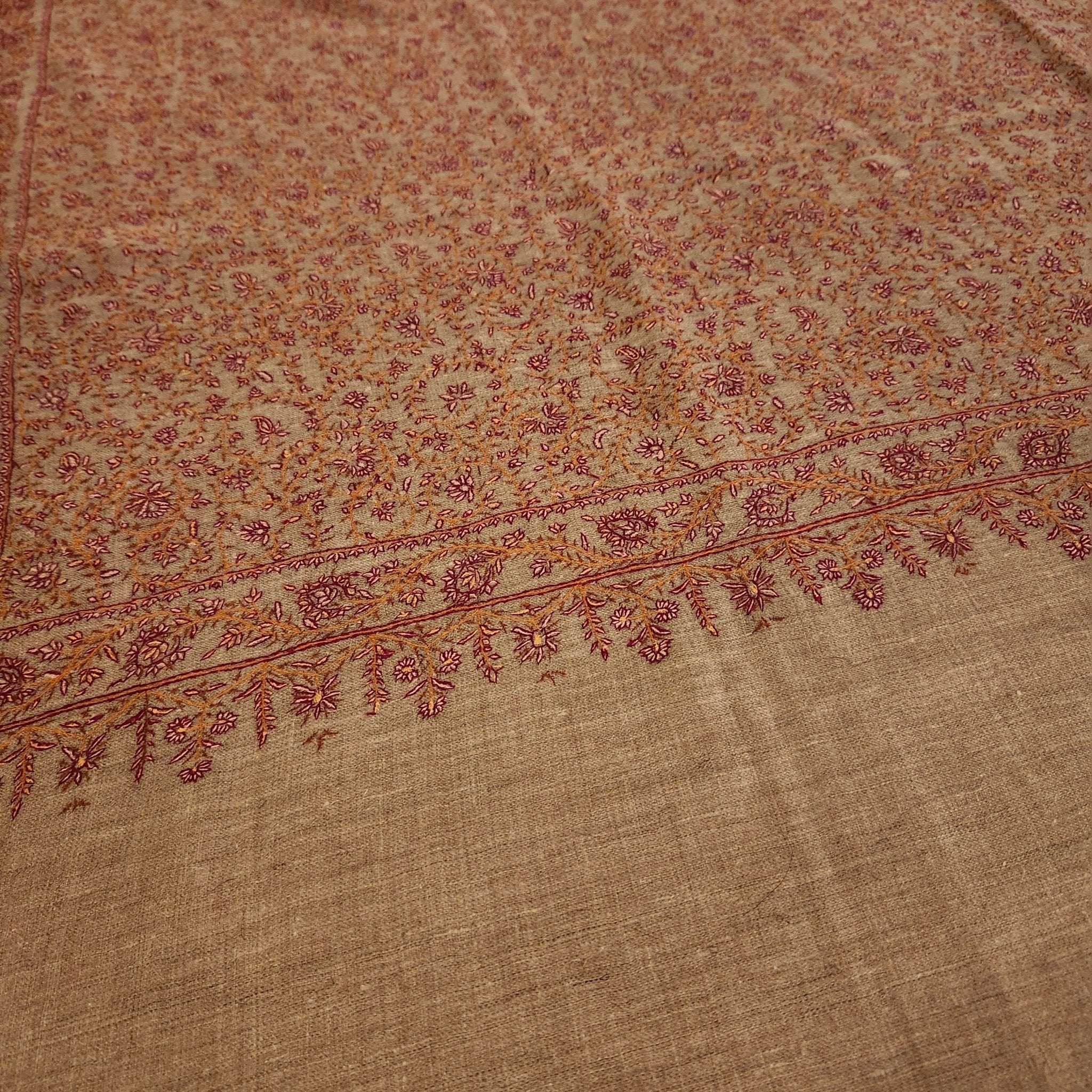 Natural pashmina with burgundy and pink floral hand embroidery, detail view