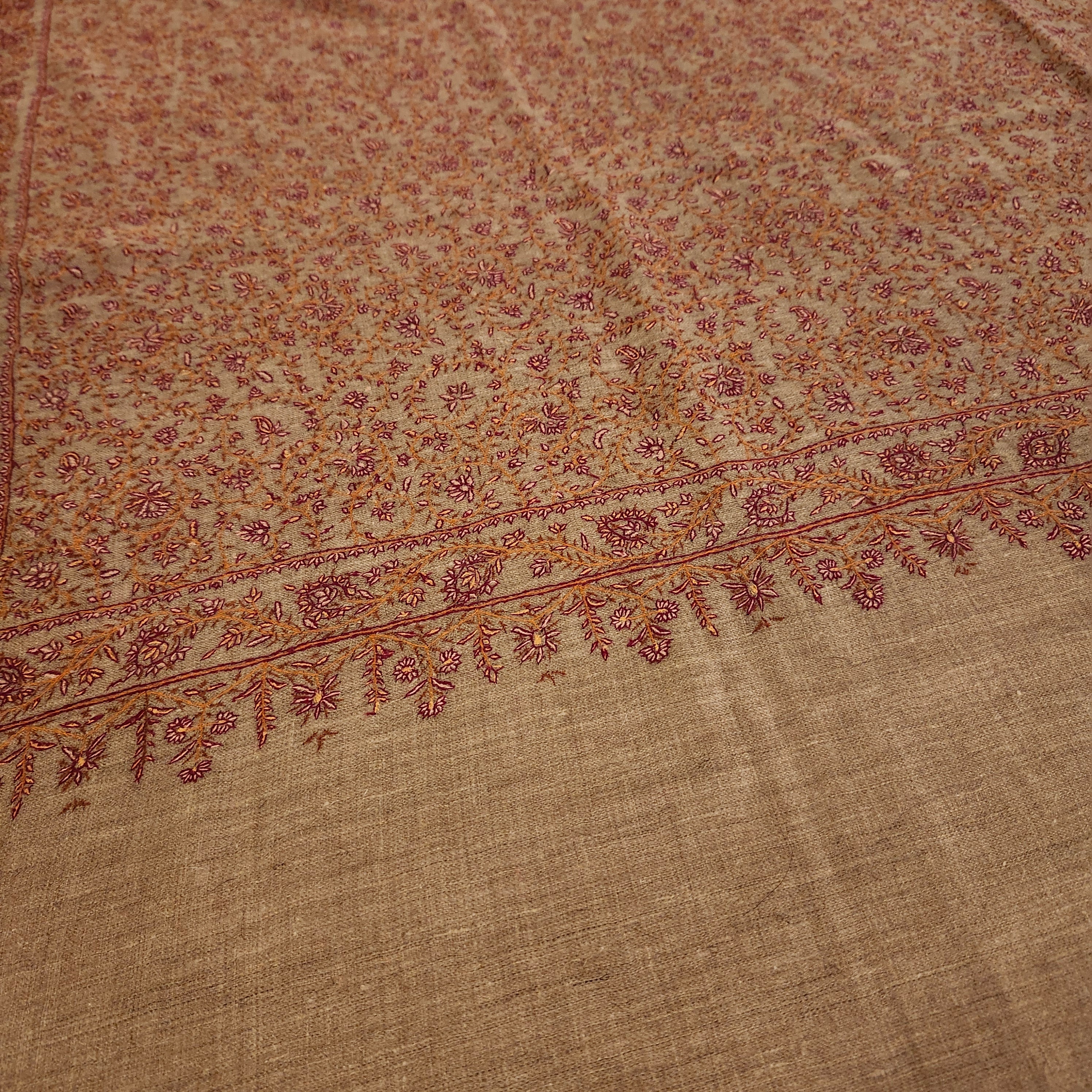 Natural pashmina with burgundy and pink floral hand embroidery, detail view