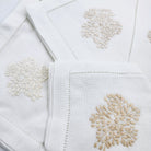 Hand embroidered linen napkins, beige floral corner on white, set of six, 45 x 45 cm