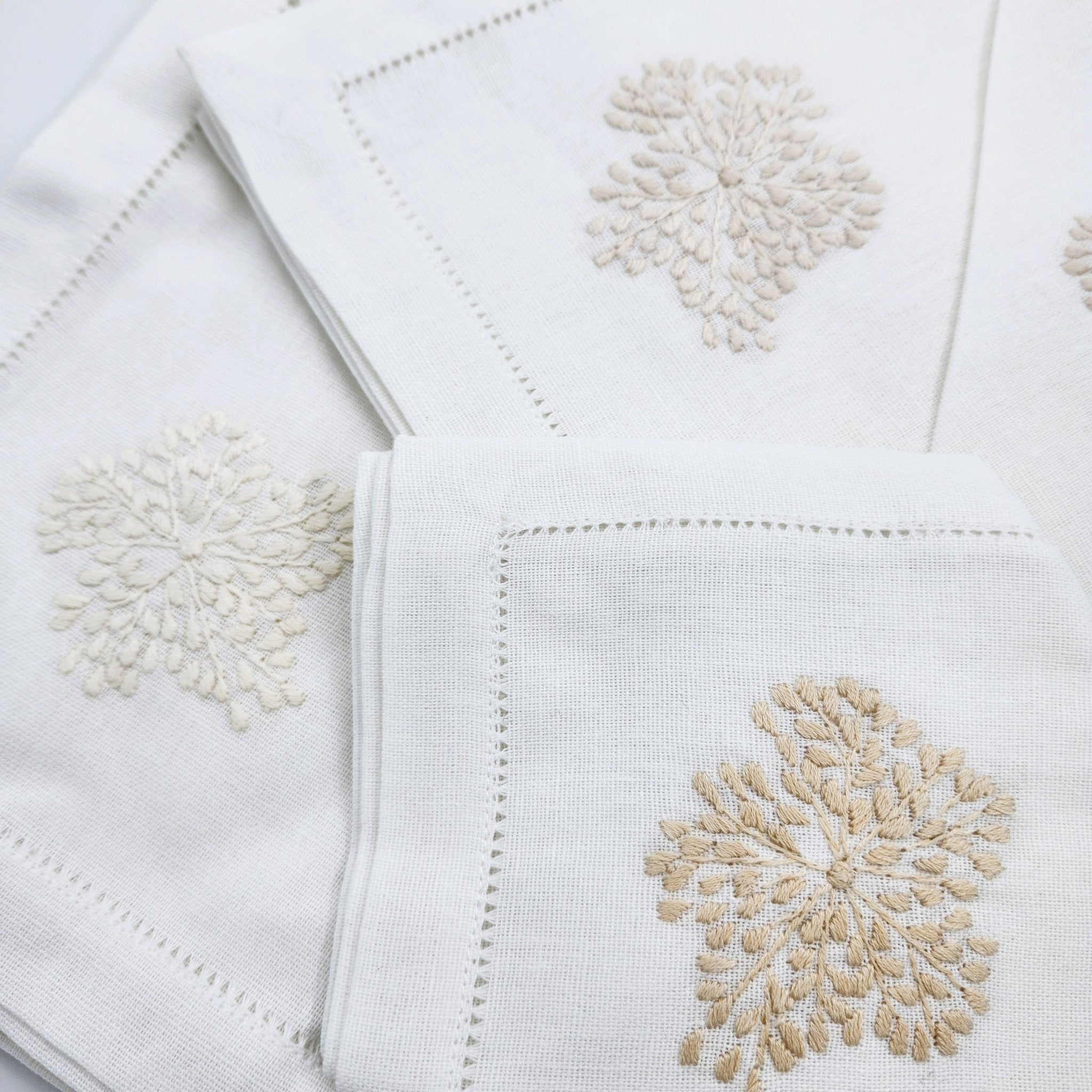 Hand embroidered linen napkins, beige floral corner on white, set of six, 45 x 45 cm