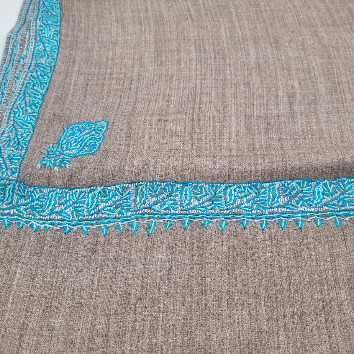 Taupe pashmina with a turquoise hand embroidered border and motif, soft and light, 70 by 200 cm approx