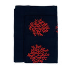 Hand embroidered black linen table runner, red coral motif, festive, 38 x 200 cm