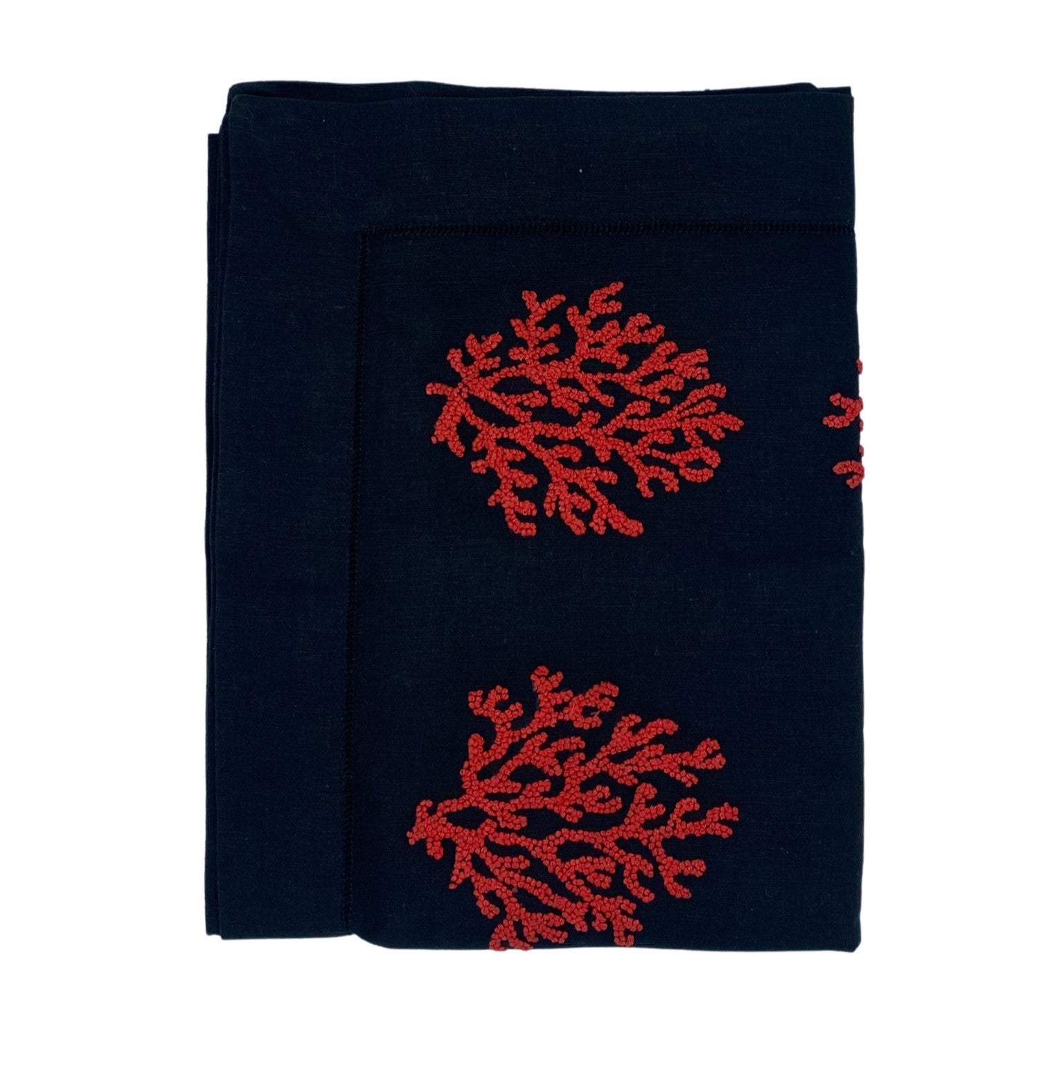 Hand embroidered black linen table runner, red coral motif, festive, 38 x 200 cm