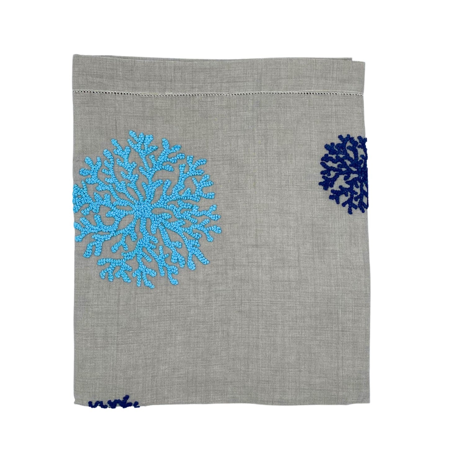 Natural linen runner, turquoise and navy coral embroidery, detail view