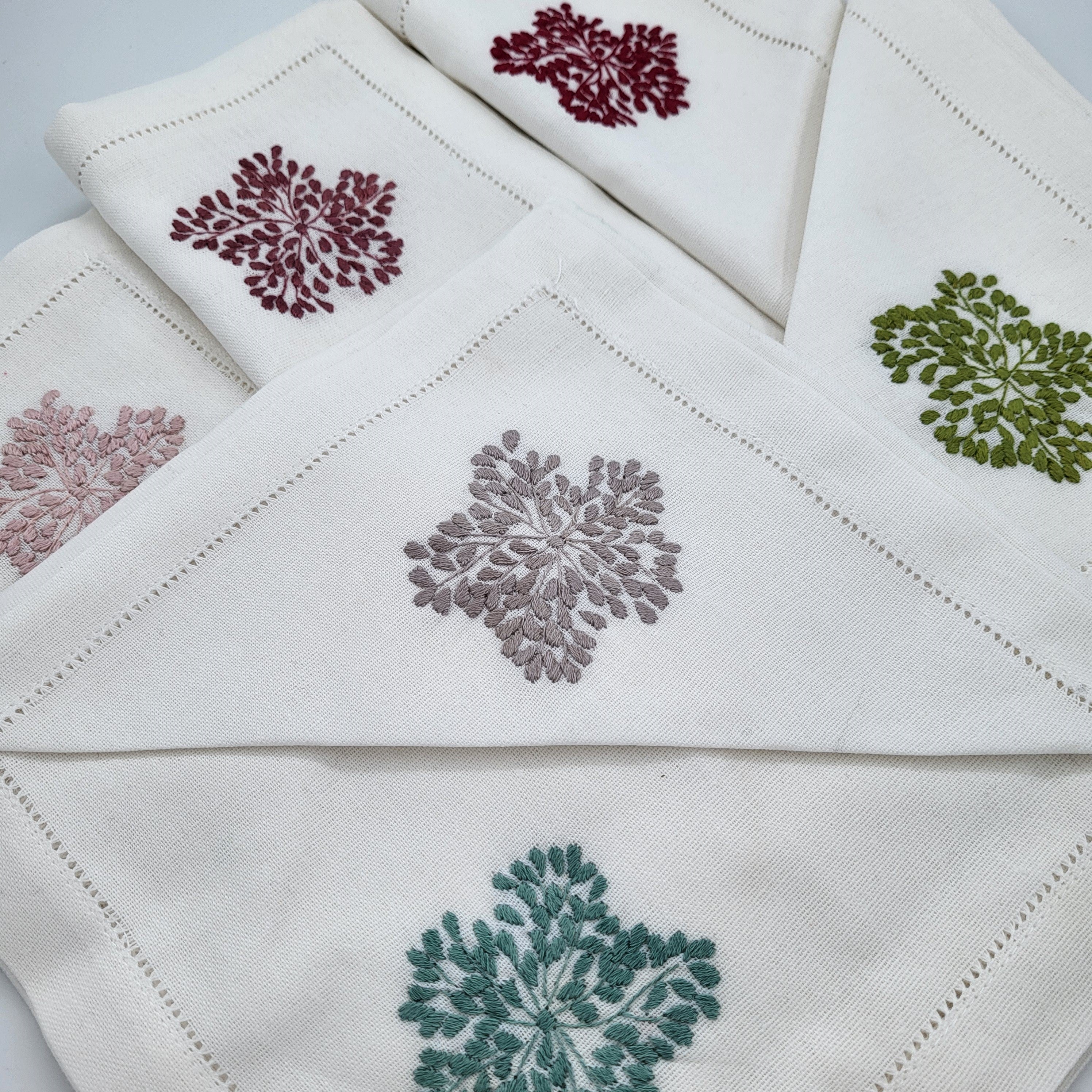 Hand embroidered linen napkins, floral corner in pastel shades, set of six, 45 x 45 cm