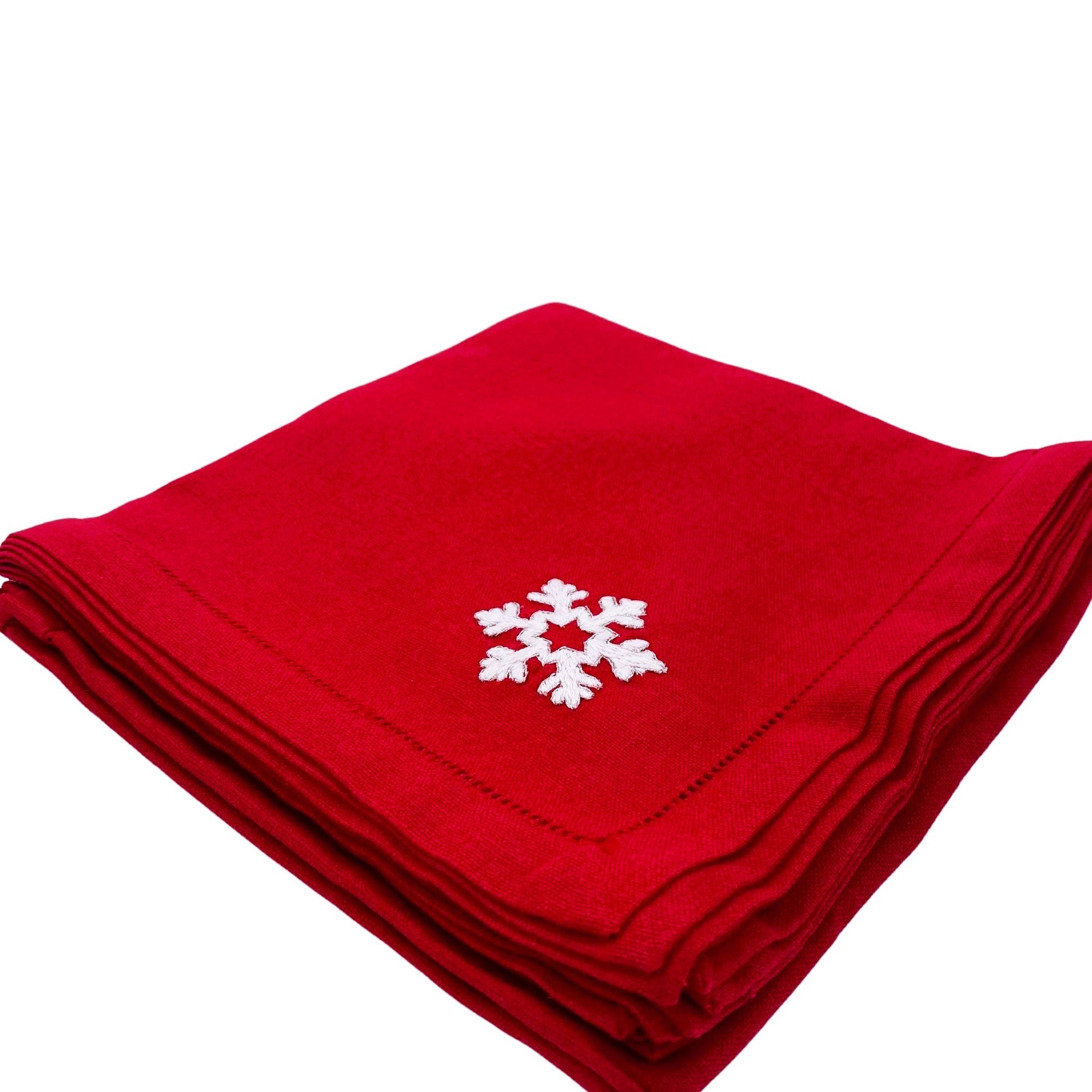 Hand embroidered linen napkin, white snowflake on red, festive, 45 x 45 cm