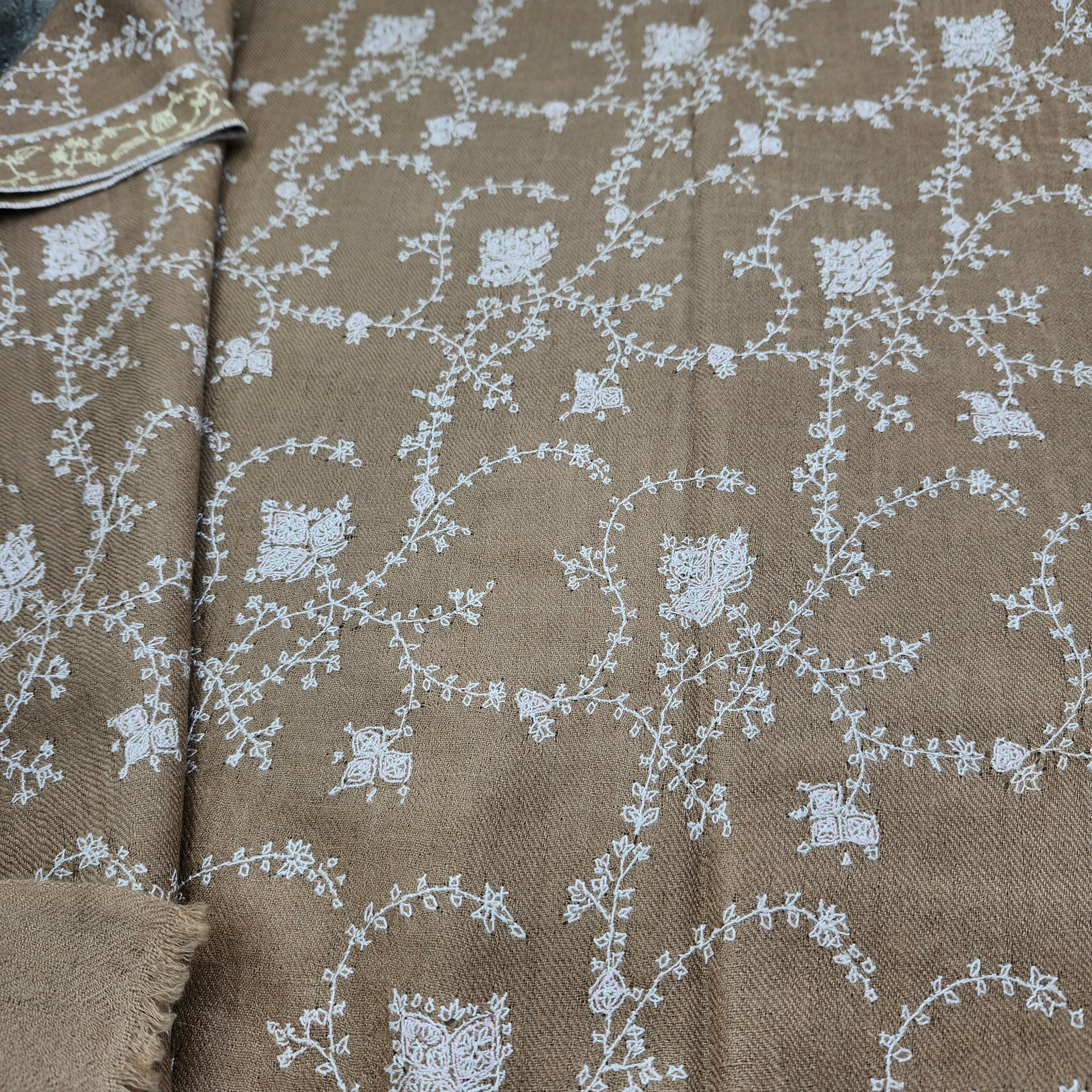 Hand-embroidered pashmina shawl, delicate floral on natural, draped