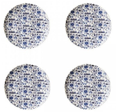 HK Toile 8 inch side plates in blue, fine bone china, set of four, Faux