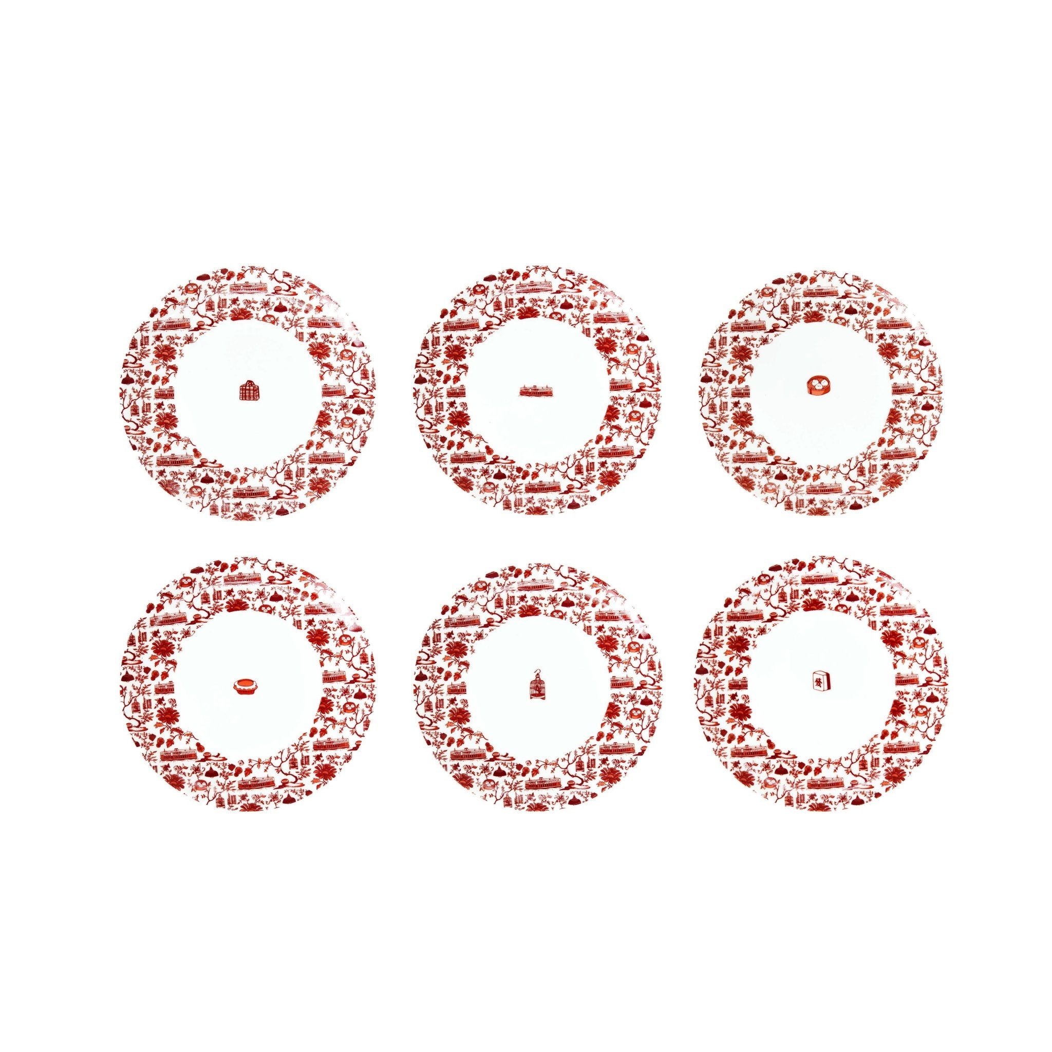HK Toile Icon fine bone china dinner plates, set of six, 26cm, with central Hong Kong motifs