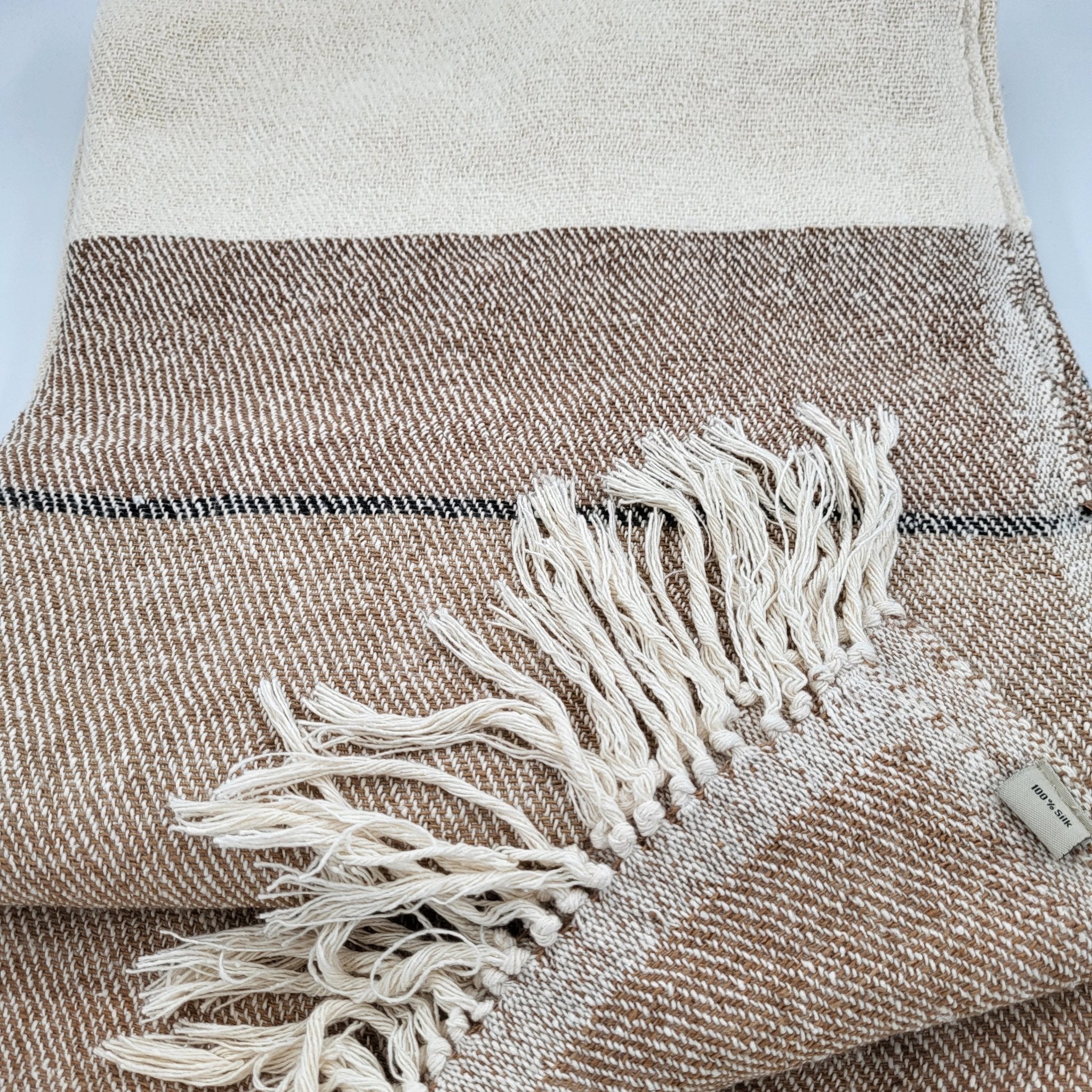 Cream and beige handwoven silk throw, detail of border and fringe