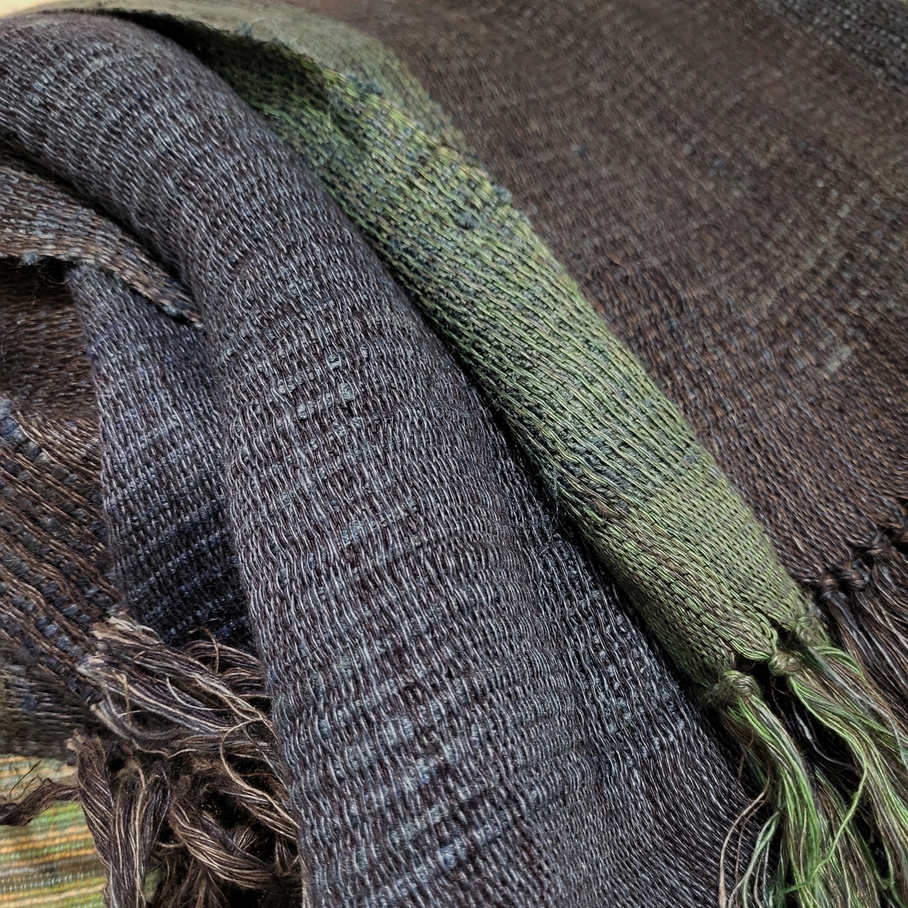 Handwoven linen and silk throw in shades of blue with green bands, 130 x 200 cm