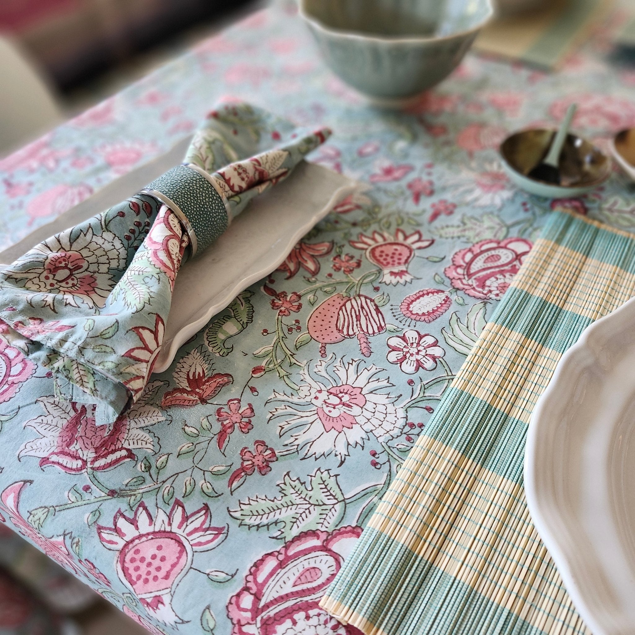 Hibiscus block-print cotton napkin in pale blue