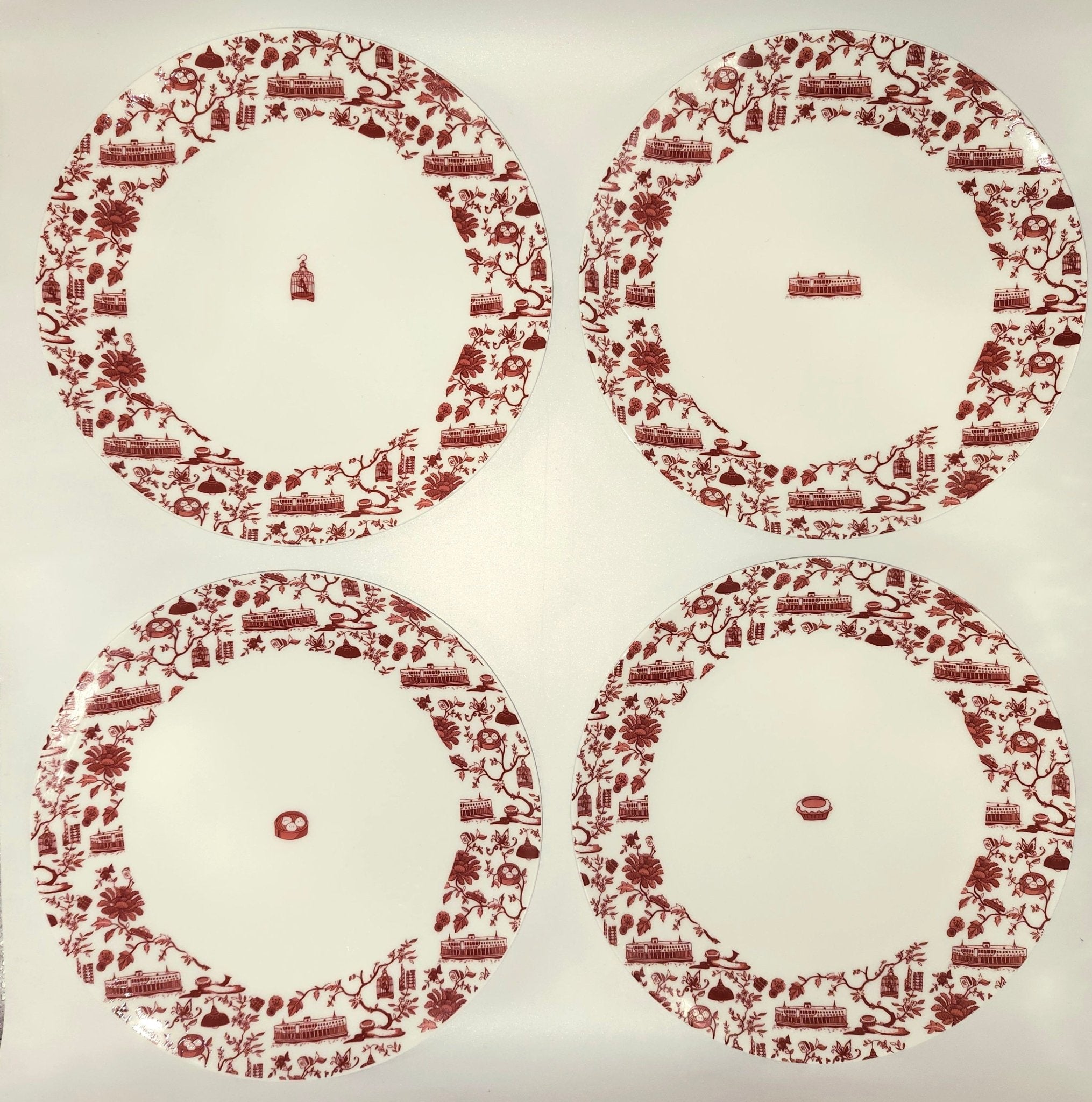 HK Toile Icon dinner plates in red, fine bone china, set of four, Faux, 26 cm