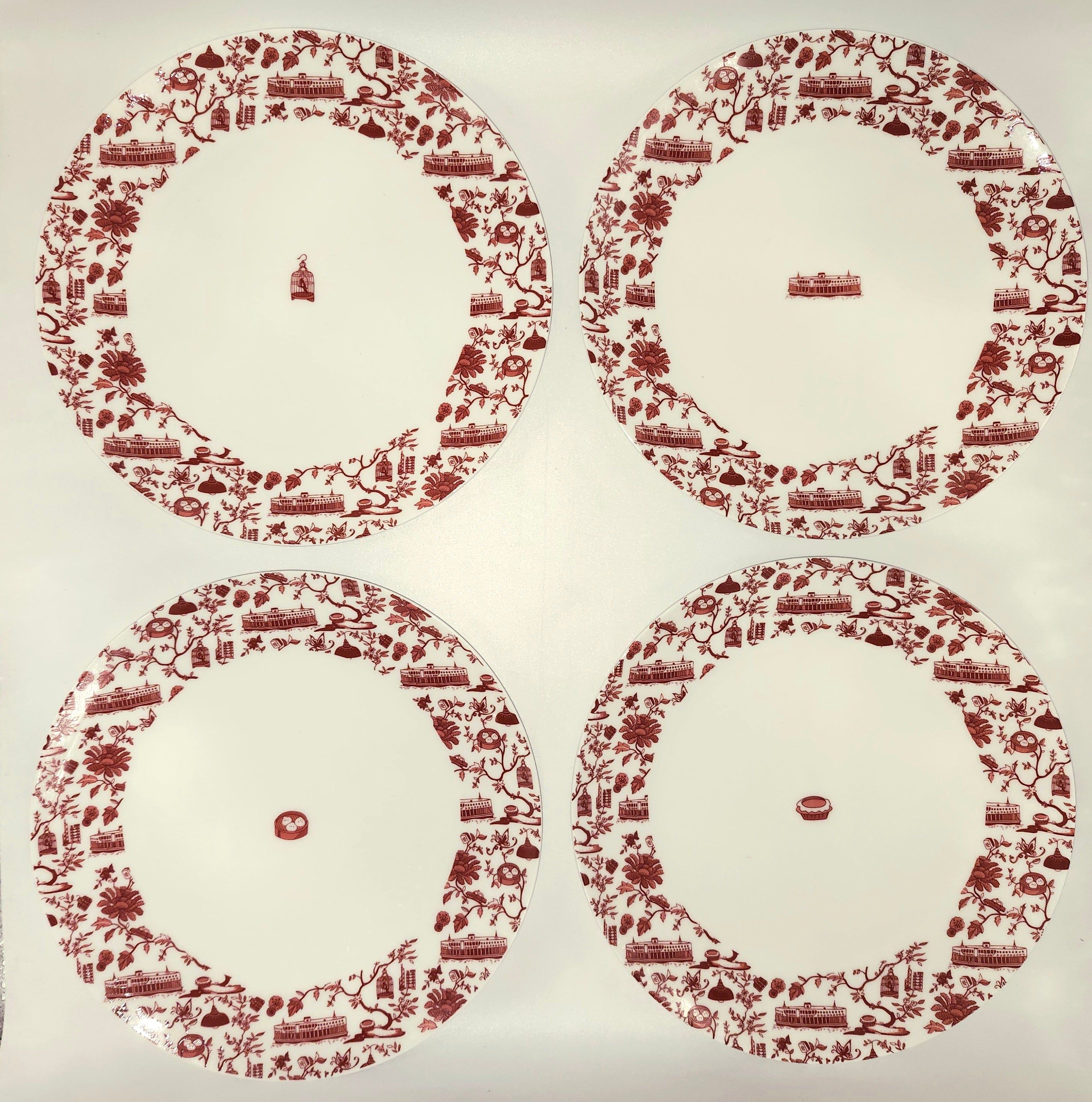 HK Toile Icon dinner plates in red, fine bone china, set of four, Faux, 26 cm