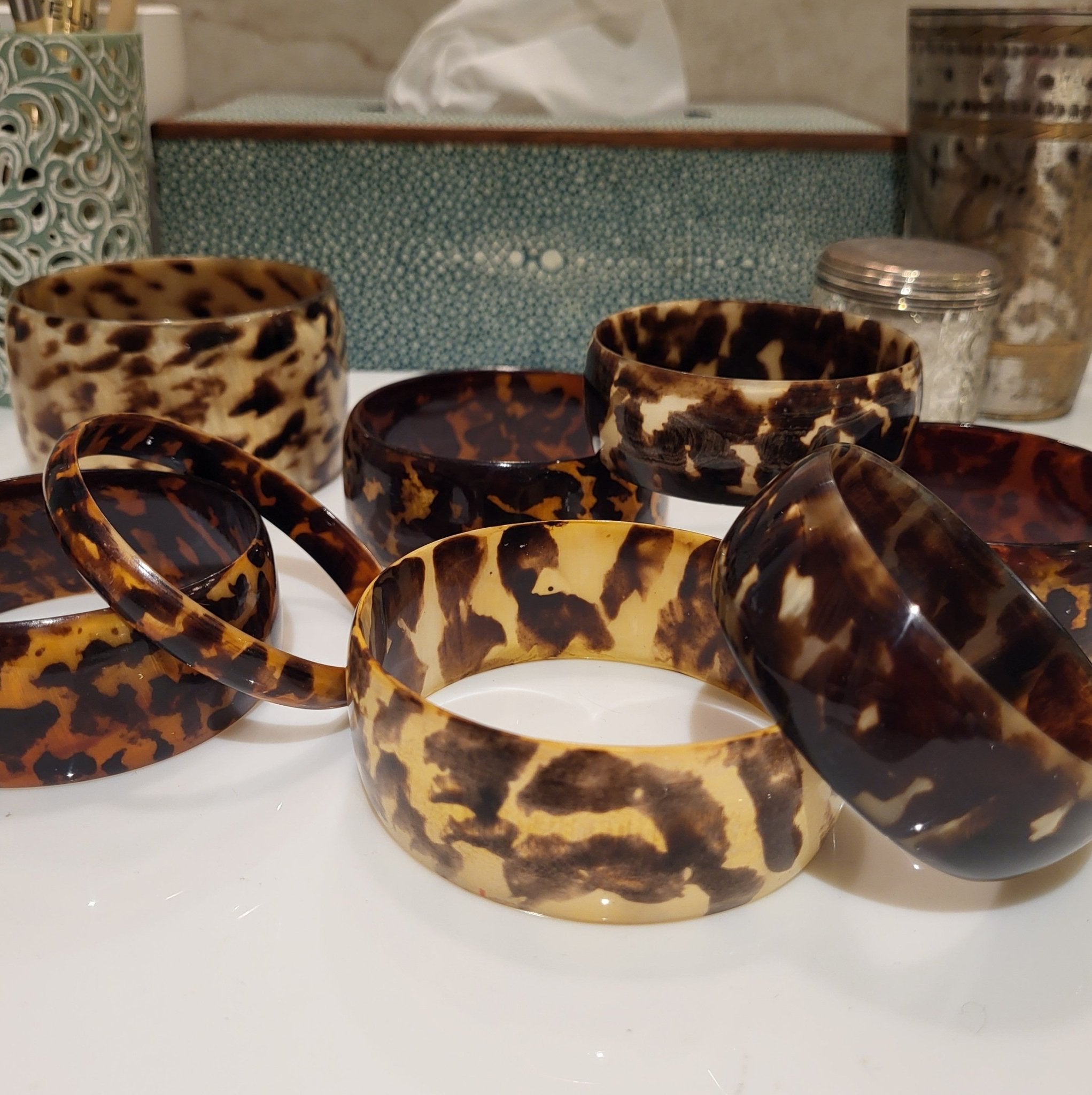 Natural buffalo horn bangles with unique tortoiseshell-like markings, various sizes