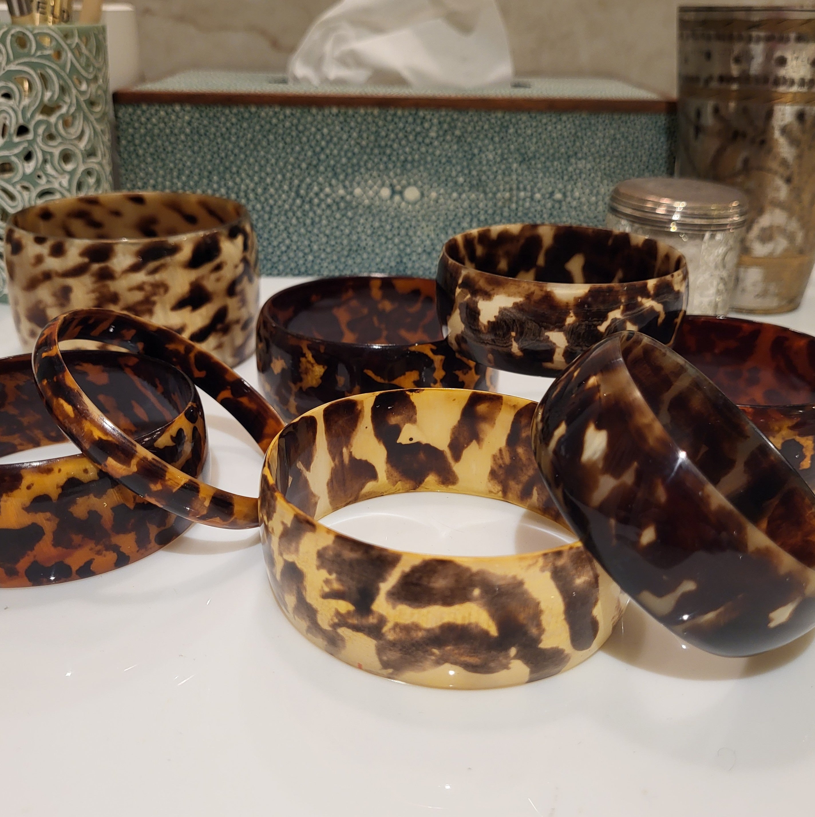 Natural buffalo horn bangles with unique tortoiseshell-like markings, various sizes