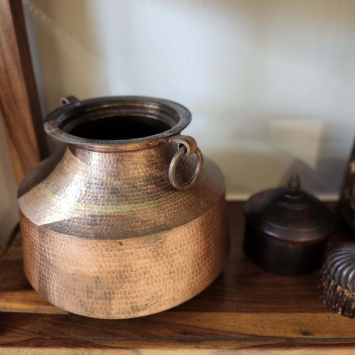 Solid beaten copper and brass pot, 33cm across and 28cm high, as a dramatic plant holder or decorative piece