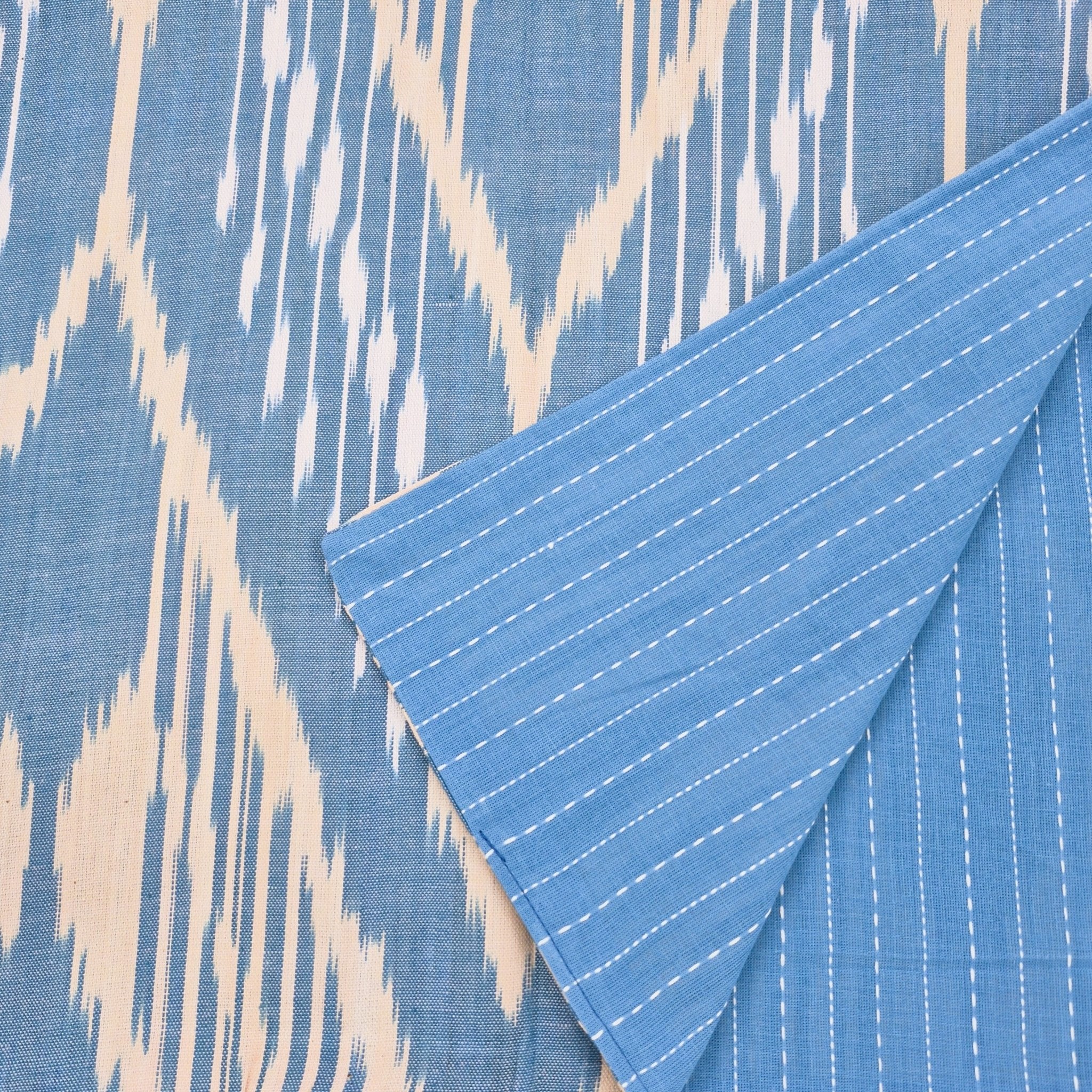 Reversible Table Runner with blue & white stripes and cream & blue ikat on the other side