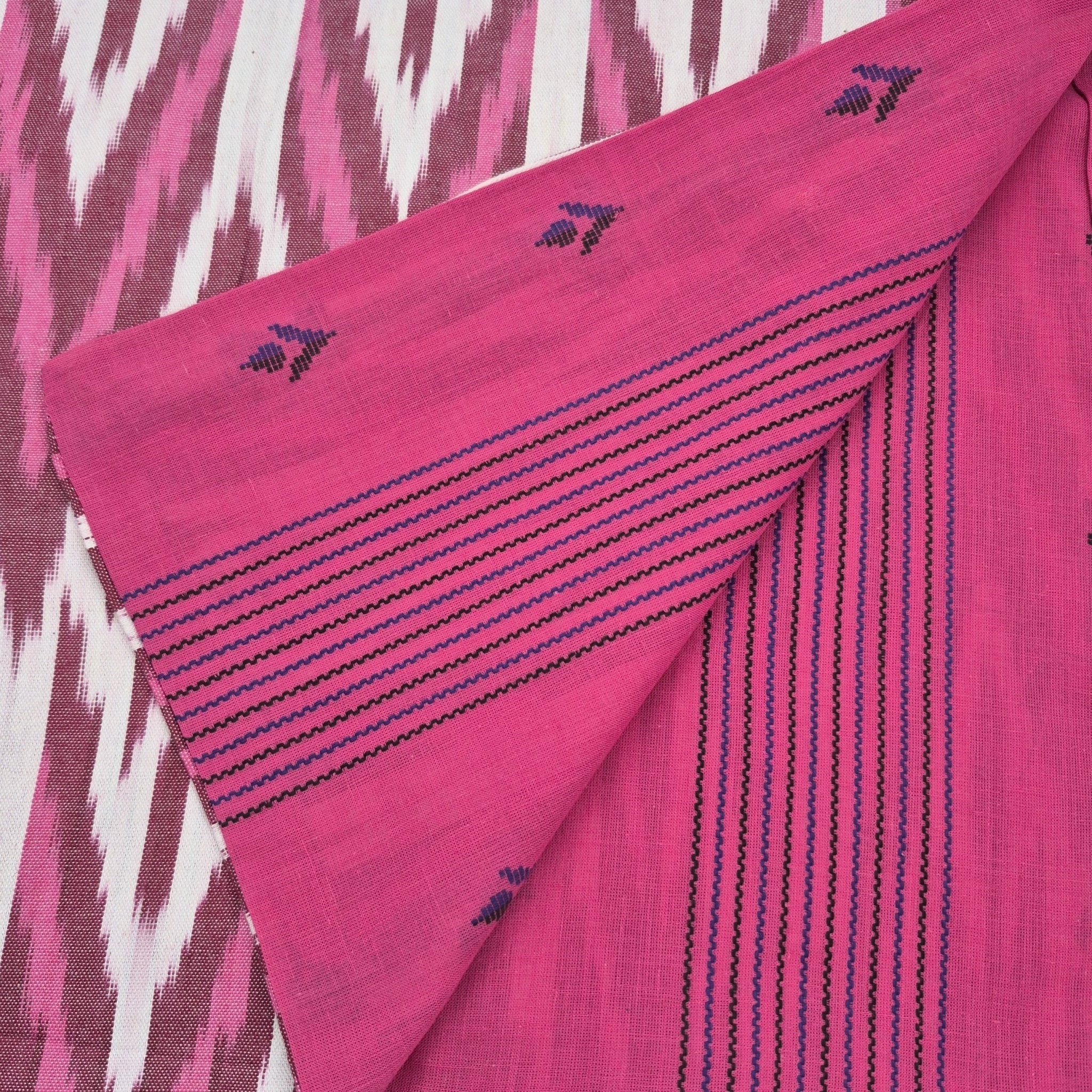 Table Runner in 3 sizes. Pink & Burgundy Ikat on 1 side, pink woven on the other