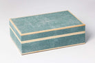 Teal faux shagreen jewellery box by Forwood Design, open showing smoky blue suede lining and mirror