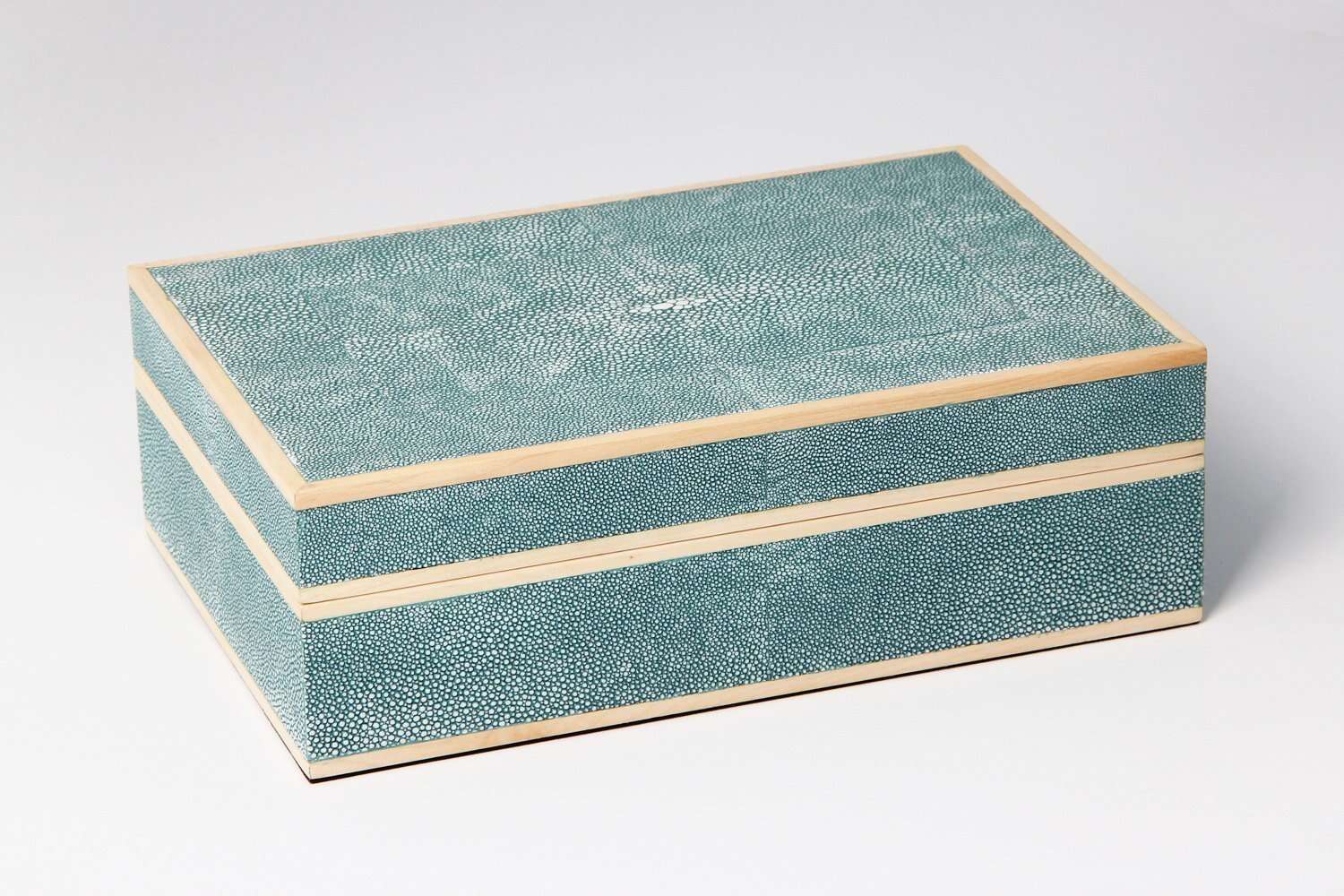 Teal faux shagreen jewellery box by Forwood Design, open showing smoky blue suede lining and mirror
