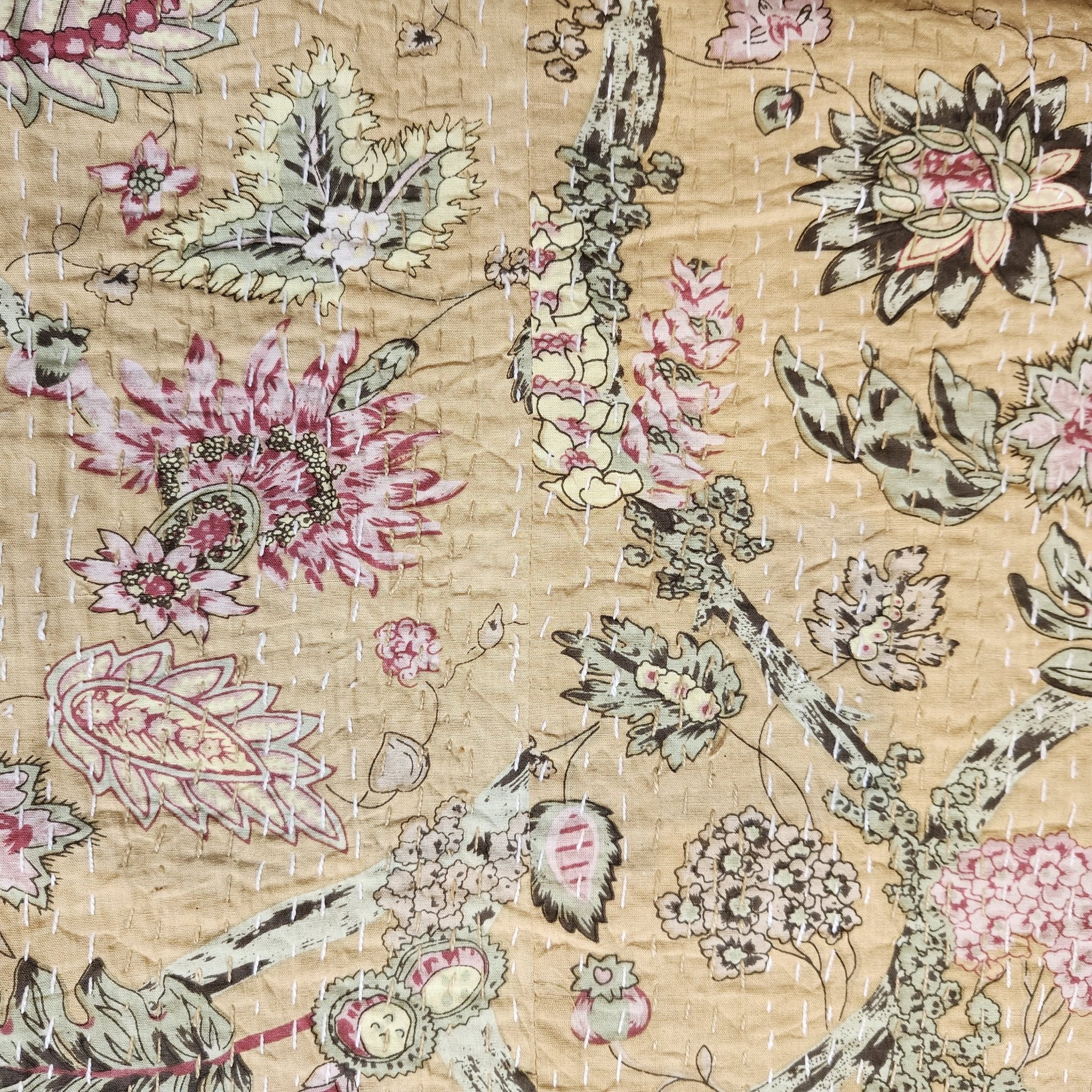 Floral kantha throw and bedspread, mustard, hand stitched cotton, 150 x 225 cm